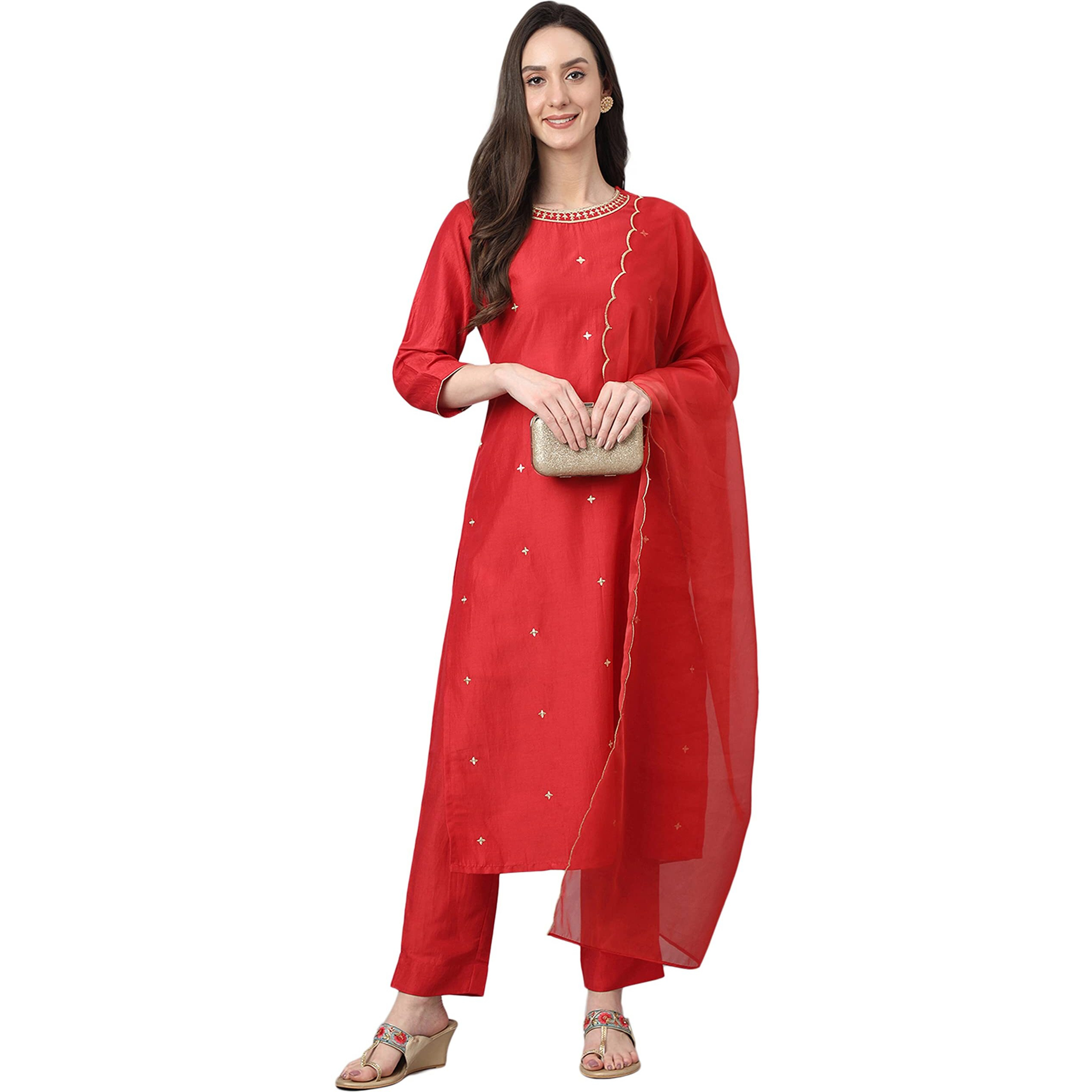 Janasya Women's Red Chinon Solid Kurta with Pant and Dupatta(SET564-KR-NP-XS)