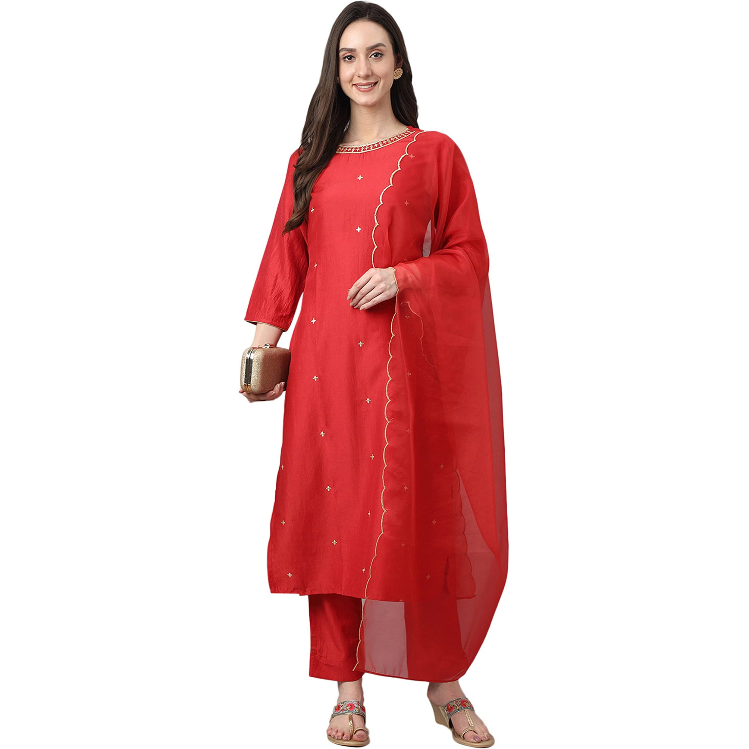 Janasya Women's Red Chinon Solid Kurta with Pant and Dupatta(SET564-KR-NP-XS)