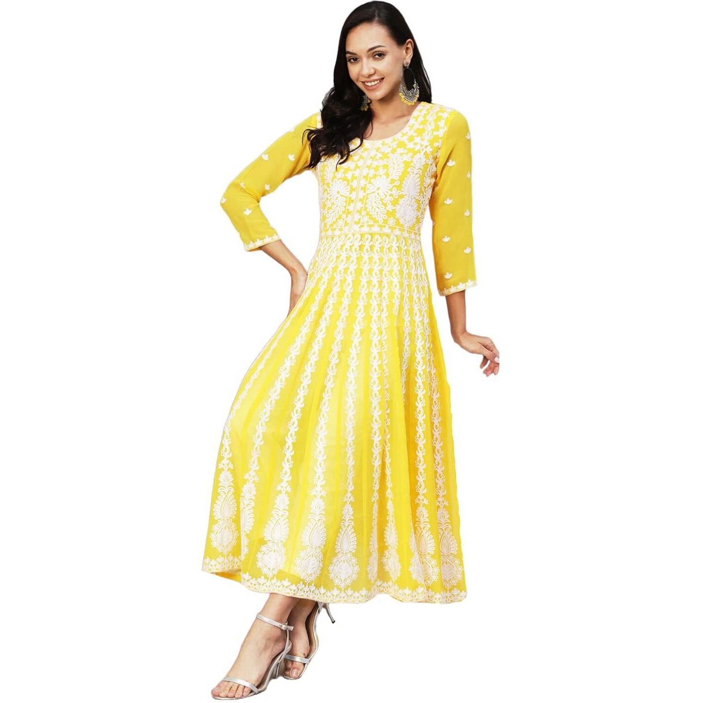 GoSriKi Women's Georgette Chikankari Embroidered Anarkali Kurti (Kari Yellow-GS_S_Yellow_Small)
