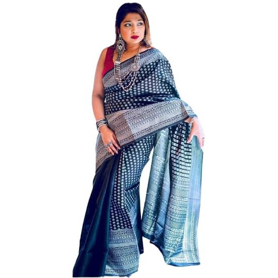Flosive Women's Kanjivaram Silk Saree With Beautiful Blouse With Zari Border (BLACK)
