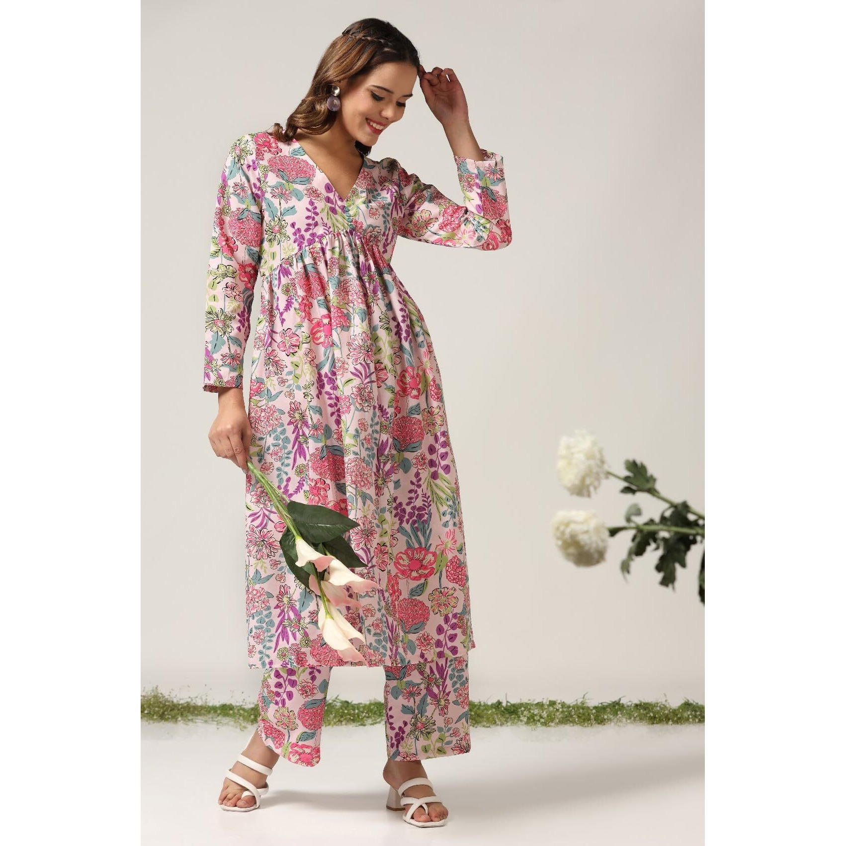 OM SAI LATEST CREATION Cotton Alia Cut Kurta Set for Women | Kurta Set for Women Alia Cut |Ethnic Co Ord Set for Women | (Large, Pink)