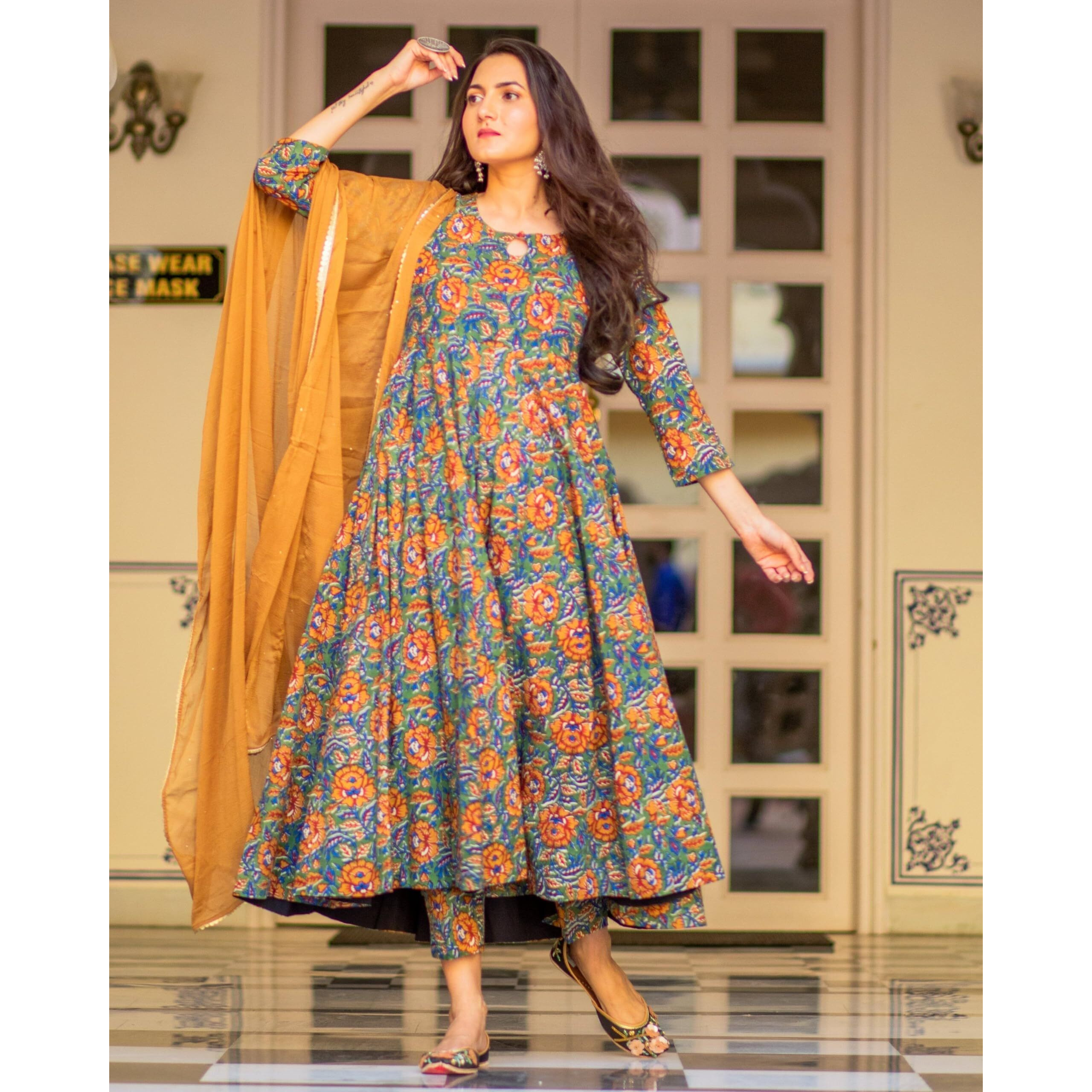GoSriKi Women's Rayon Blend Bagru Printed Anarkali Kurta with Pant & Dupatta (Locket-Multi-GS_L_Mustard_Large)