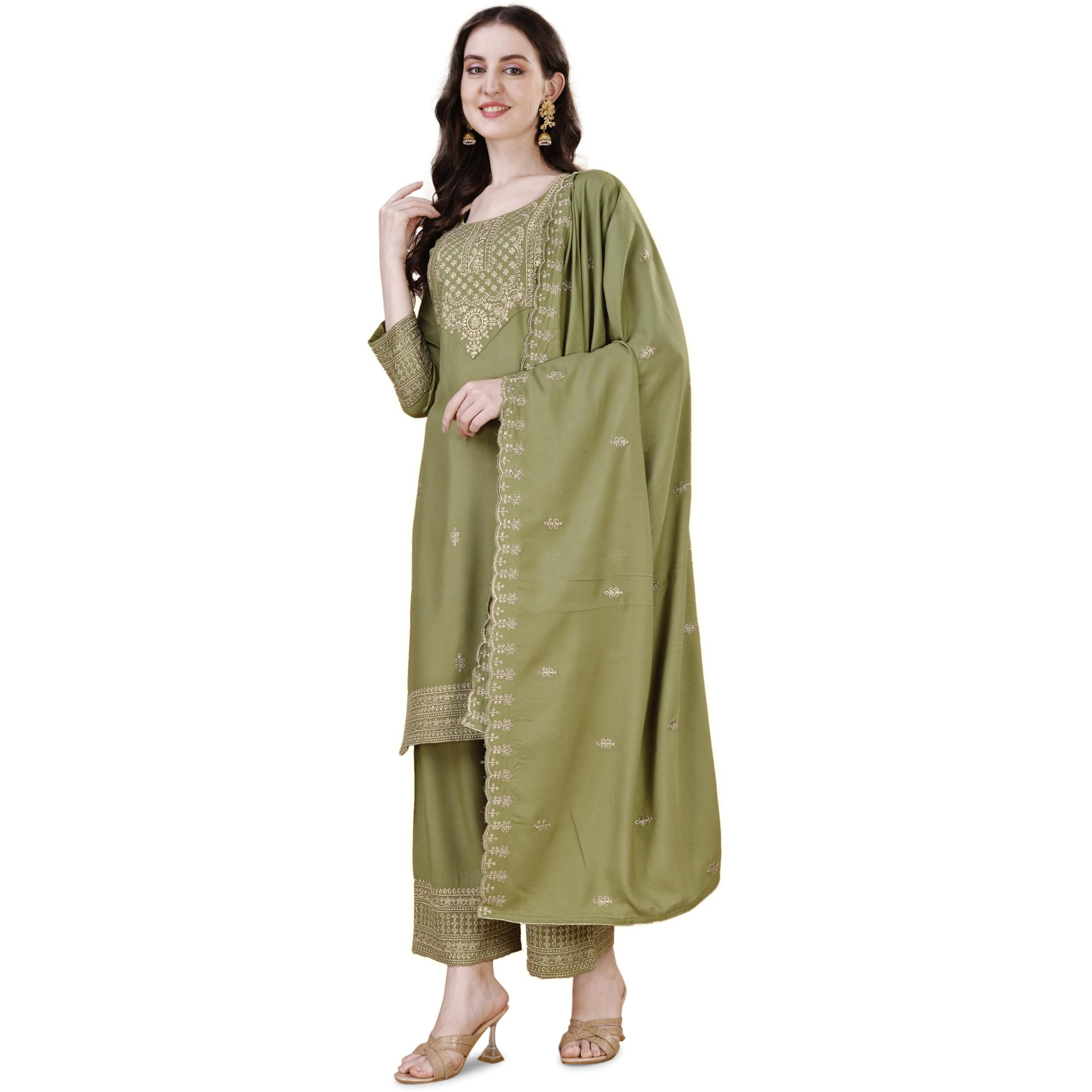 Granthva Fab Women's Viscose Rayon Straight Kurta with Pant and Dupatta (GF-6019-XXL_Fluorescent Green)
