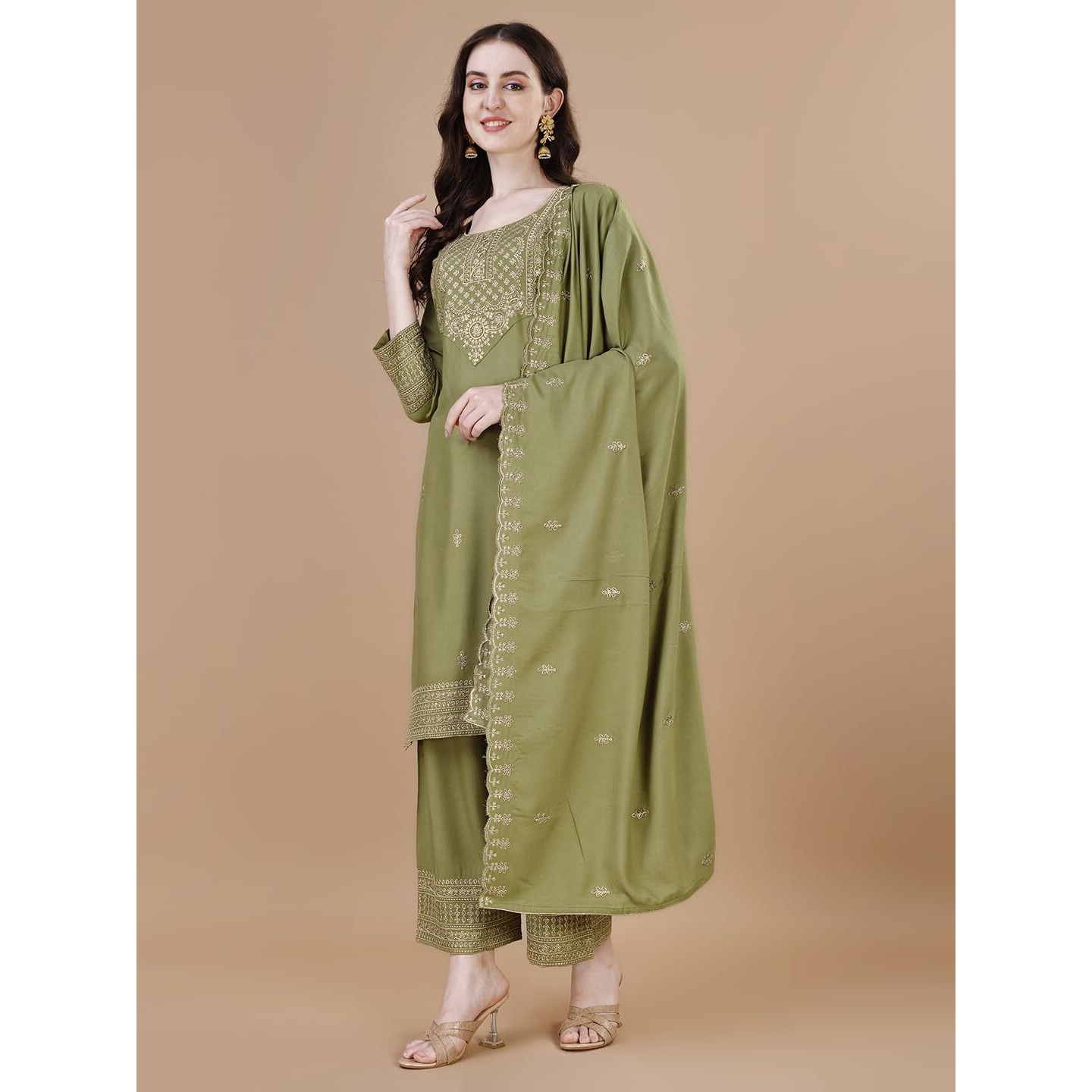 Granthva Fab Women's Viscose Rayon Straight Kurta with Pant and Dupatta (GF-6019-XXL_Fluorescent Green)