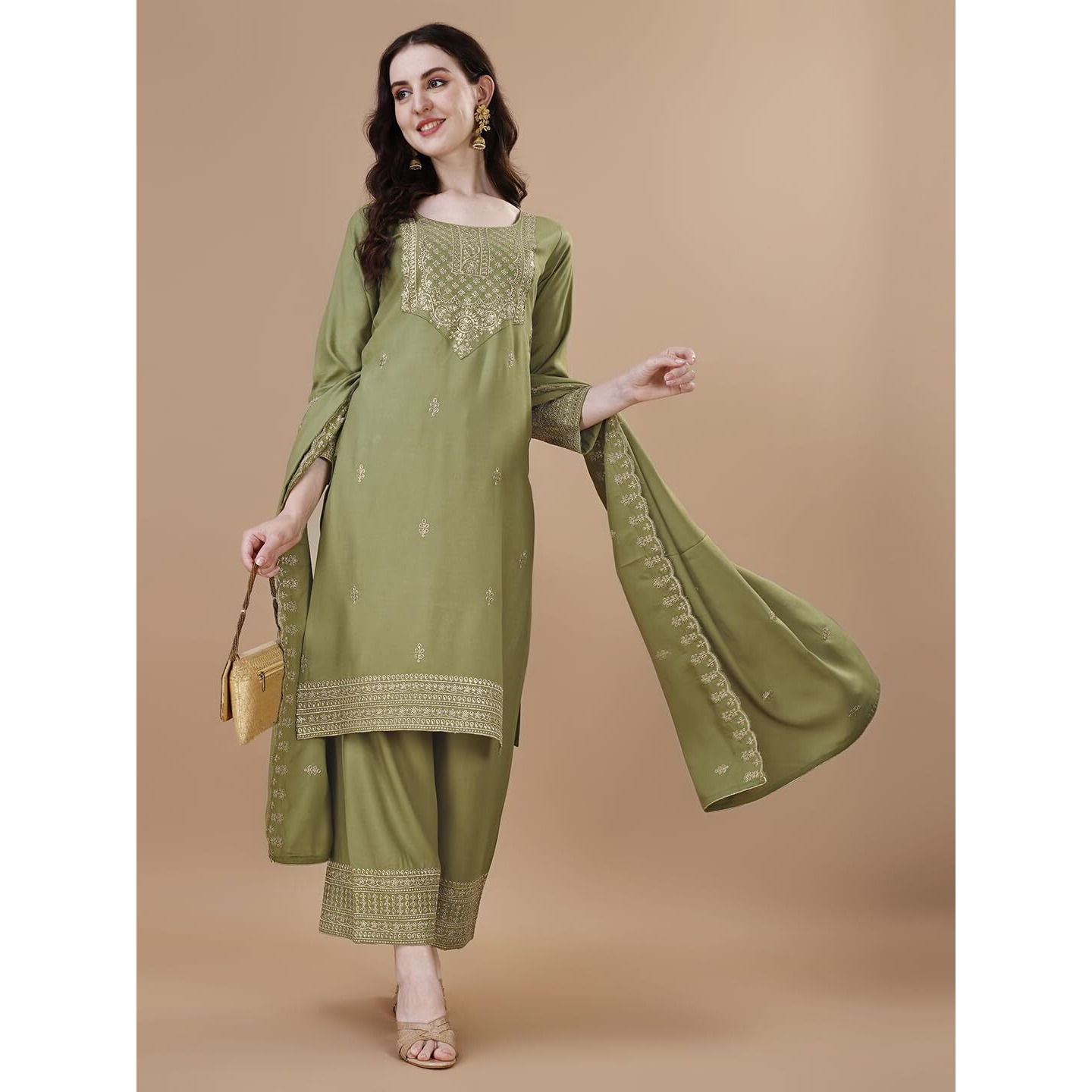 Granthva Fab Women's Viscose Rayon Straight Kurta with Pant and Dupatta (GF-6019-XXL_Fluorescent Green)