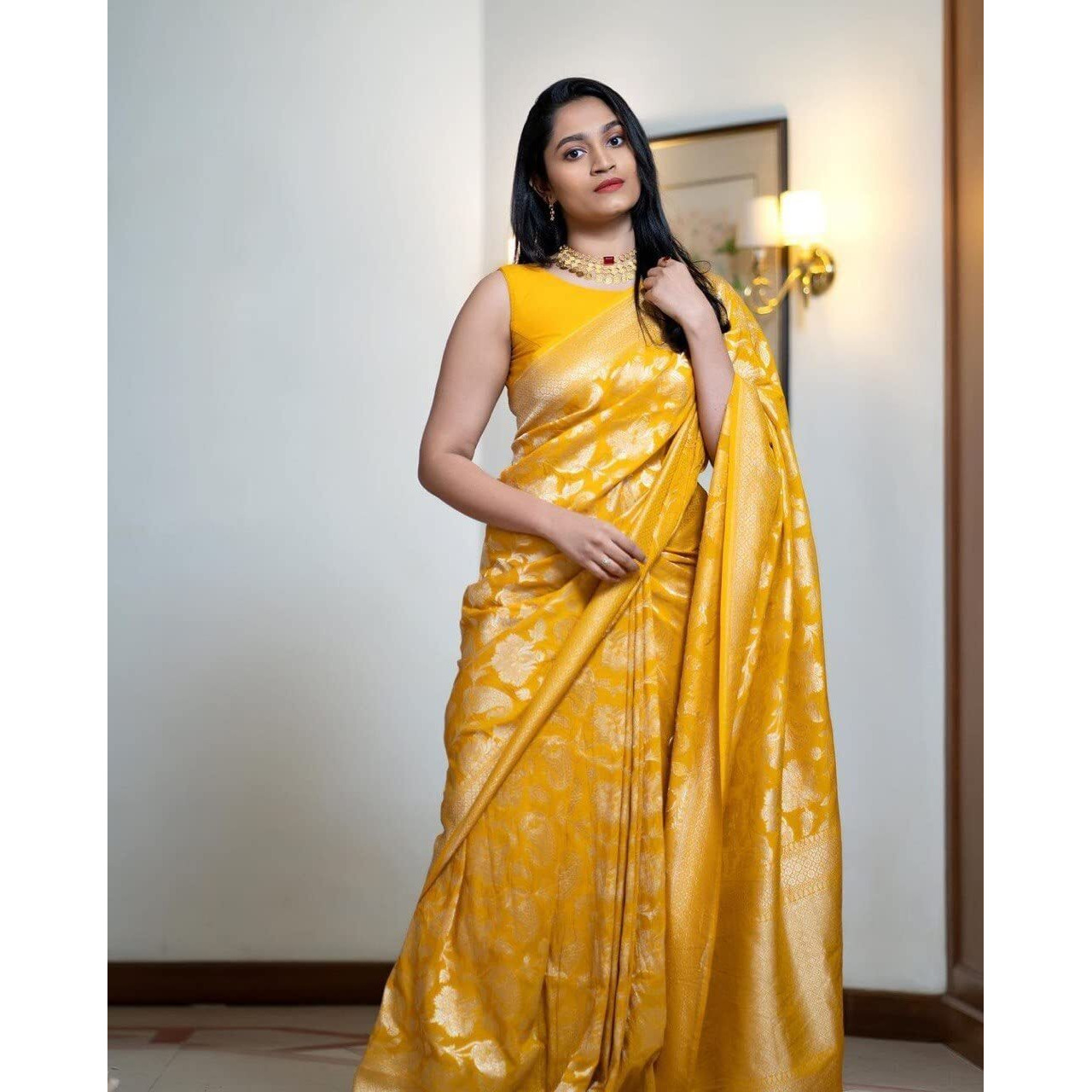 Flosive Women's Present Banarasi Soft Lichi Silk Saree Beautiful Jacquard Rich Pallu Design Work Zari Woven Kanjivaram Silk Style Saree With Soft Lichi Silk Blouse Piece (Yellow).