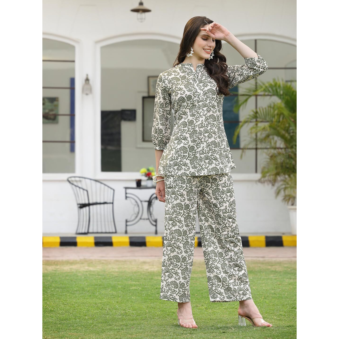 Alvika Green & White Printed Shirt with Palazo co-ord Set