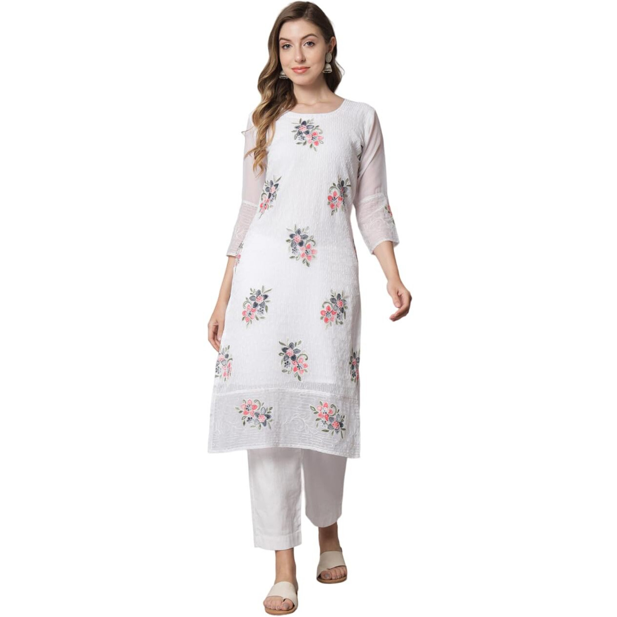 Ekasya Women's Georgette Straight Cut Round Neck Kurta with Beautiful Floral Embroidery Work (E1549) White