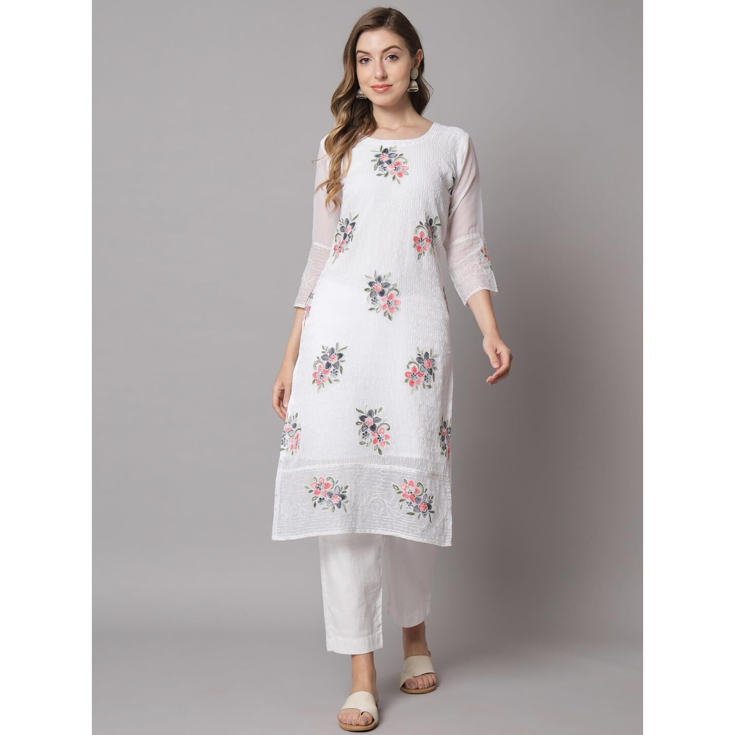 Ekasya Women's Georgette Straight Cut Round Neck Kurta with Beautiful Floral Embroidery Work (E1549) White