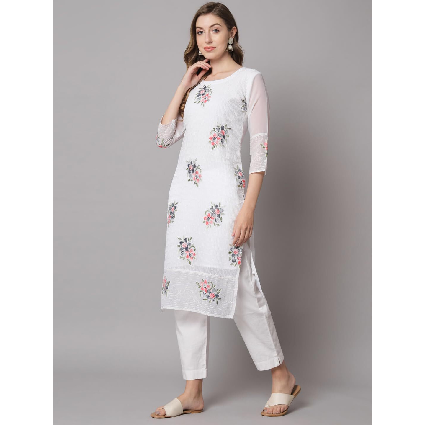 Ekasya Women's Georgette Straight Cut Round Neck Kurta with Beautiful Floral Embroidery Work (E1549) White