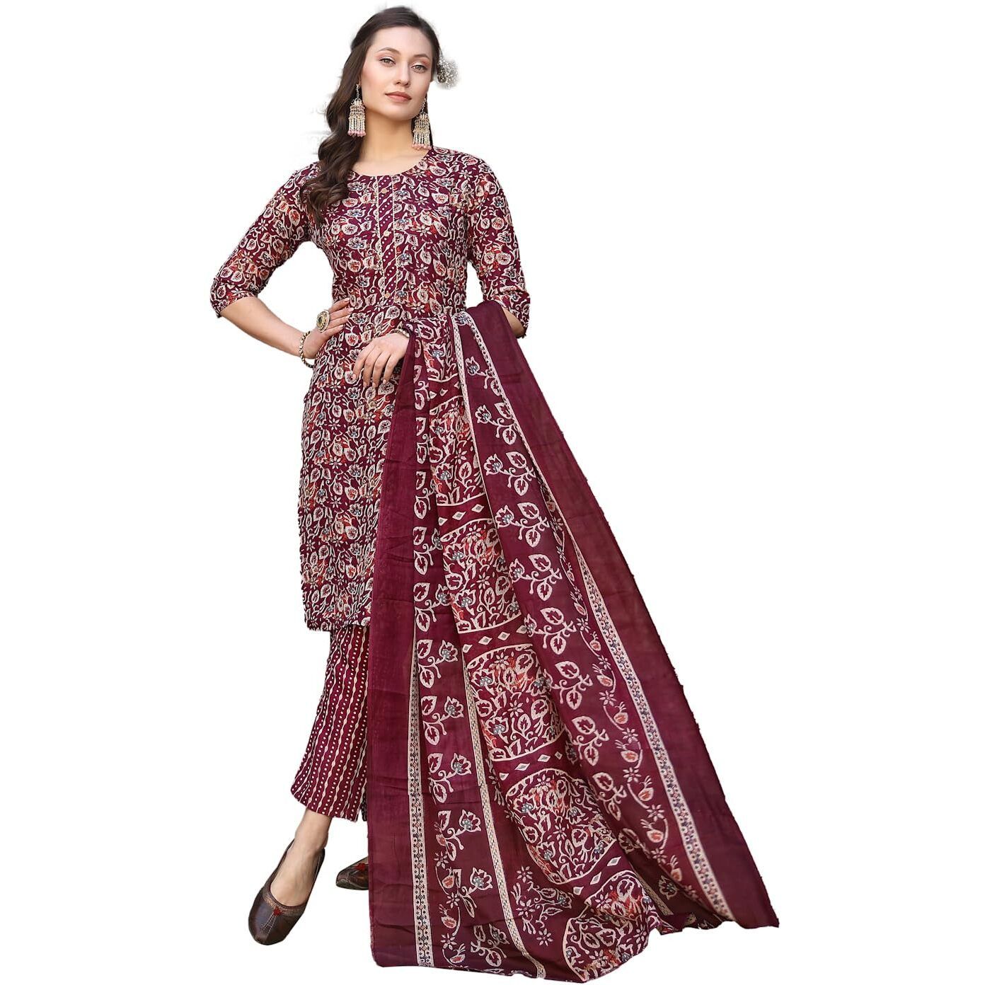 Stylum Women's Floral Printed Cotton Blend Straight Kurta Pant Dupatta Set (KPDTIGERMAROON40_Maroon, L)