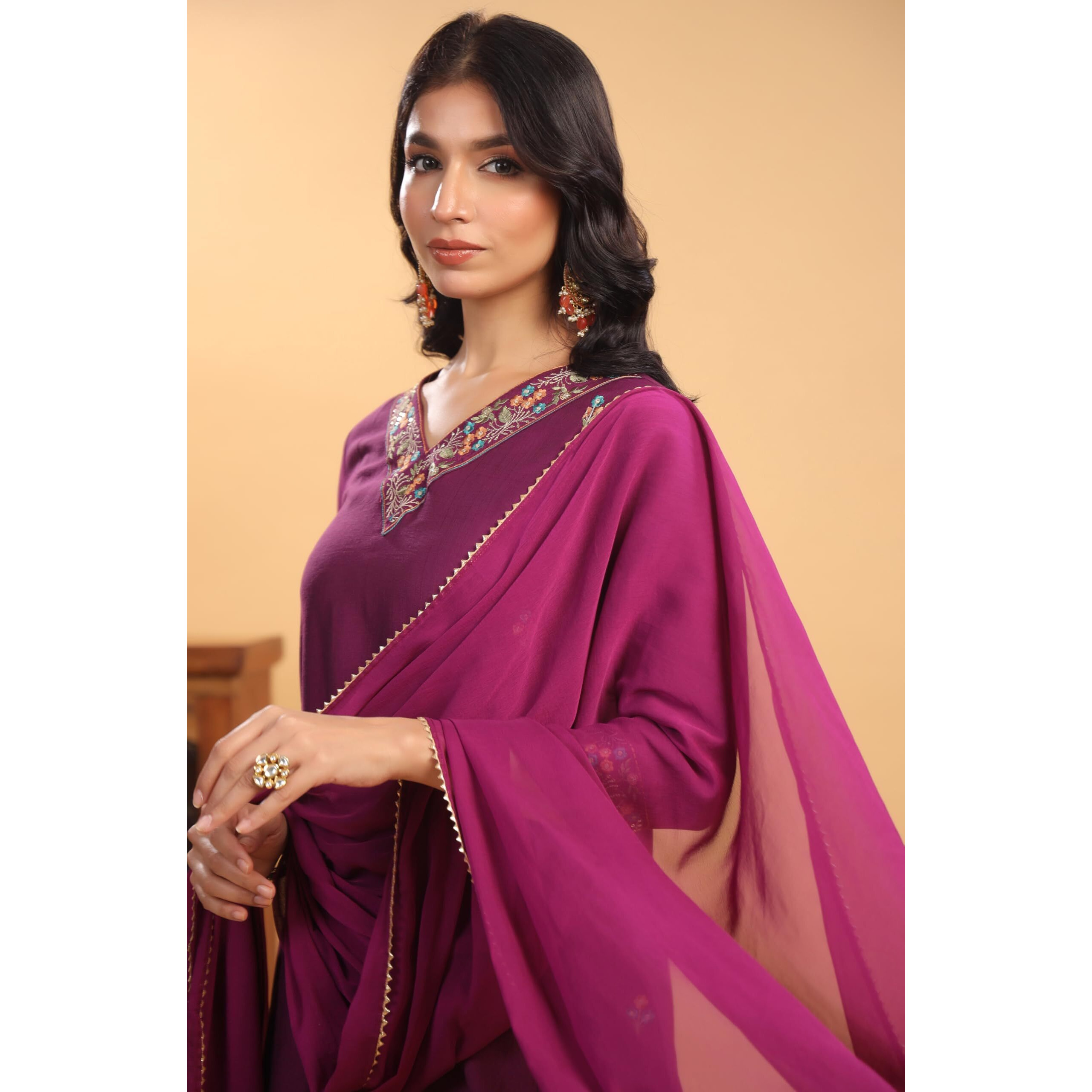 Janasya Women's Purple Silk Blend Embroidered A-Line Kurta Set (JAC24ST01119-2XL)