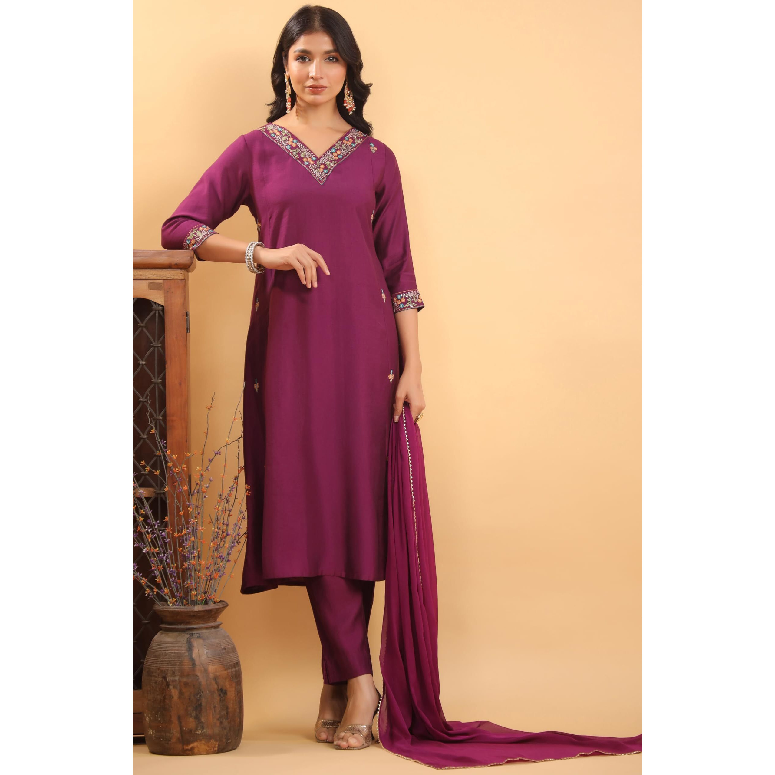 Janasya Women's Purple Silk Blend Embroidered A-Line Kurta Set (JAC24ST01119-2XL)