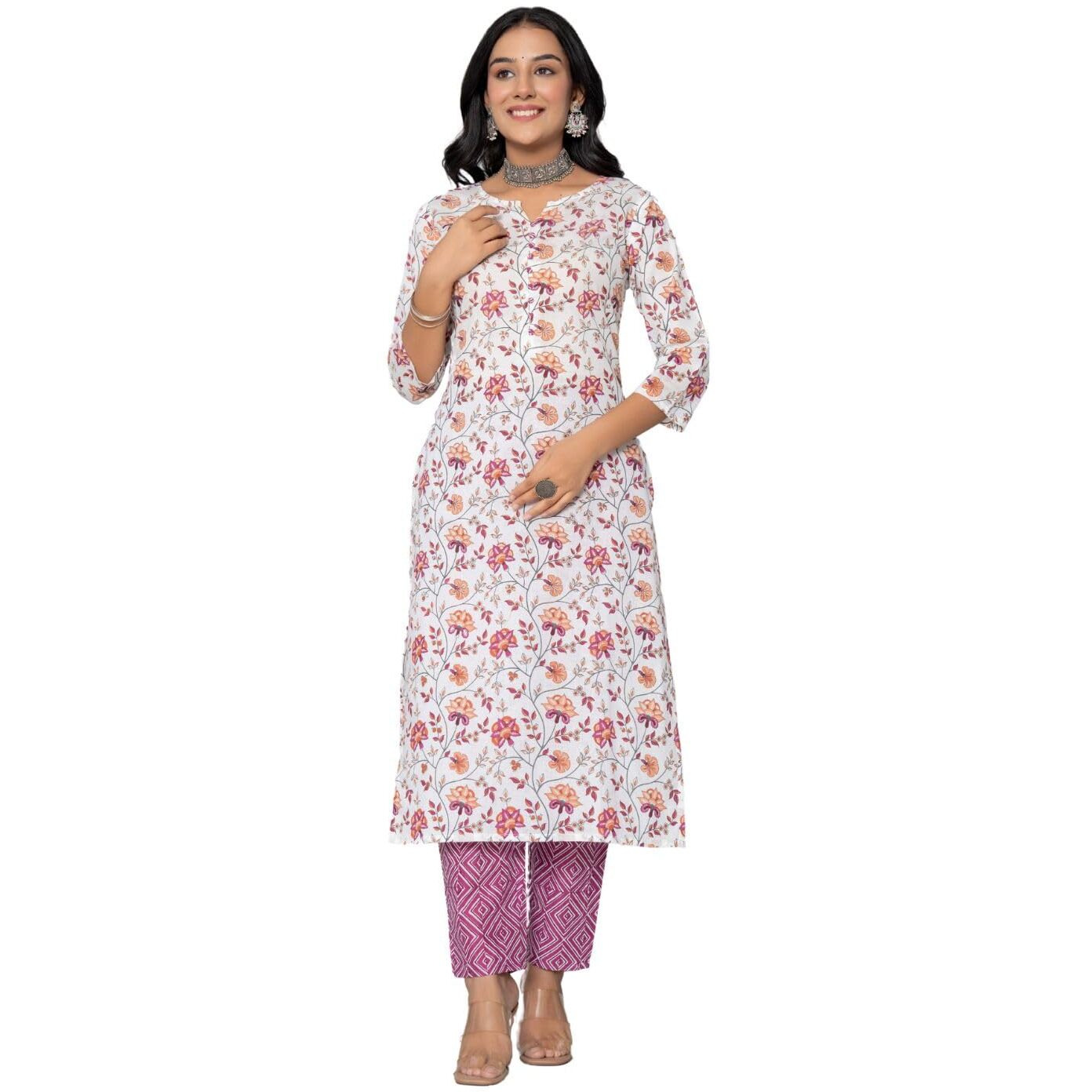 rytras Women's Cotton Printed Straight Kurta with Pant(RYT542,Pink,L)