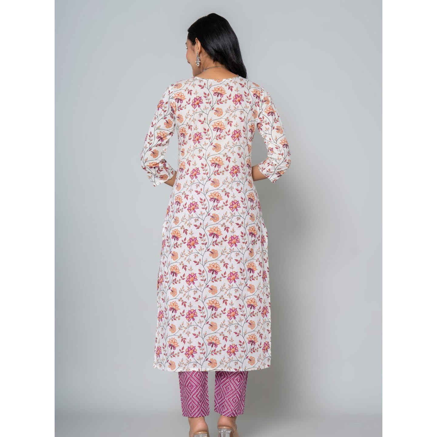 rytras Women's Cotton Printed Straight Kurta with Pant(RYT542,Pink,L)