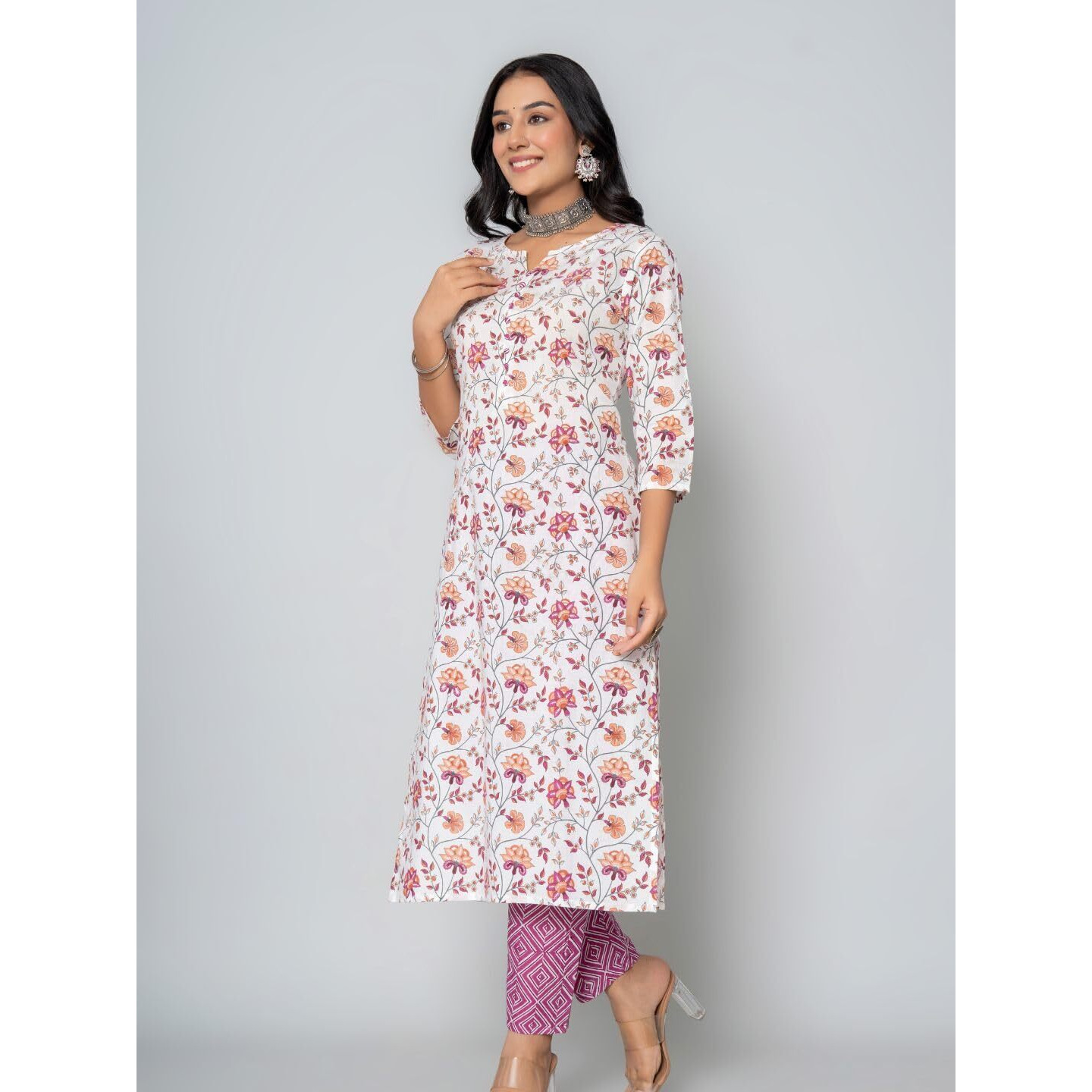 rytras Women's Cotton Printed Straight Kurta with Pant(RYT542,Pink,L)