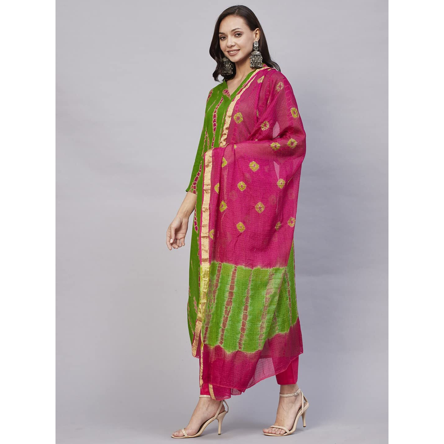 GoSriKi Women's Rayon Straight Printed Kurta with Pant & Dupatta (SIBORI-Methi-NW-GS_M_Green_Medium)