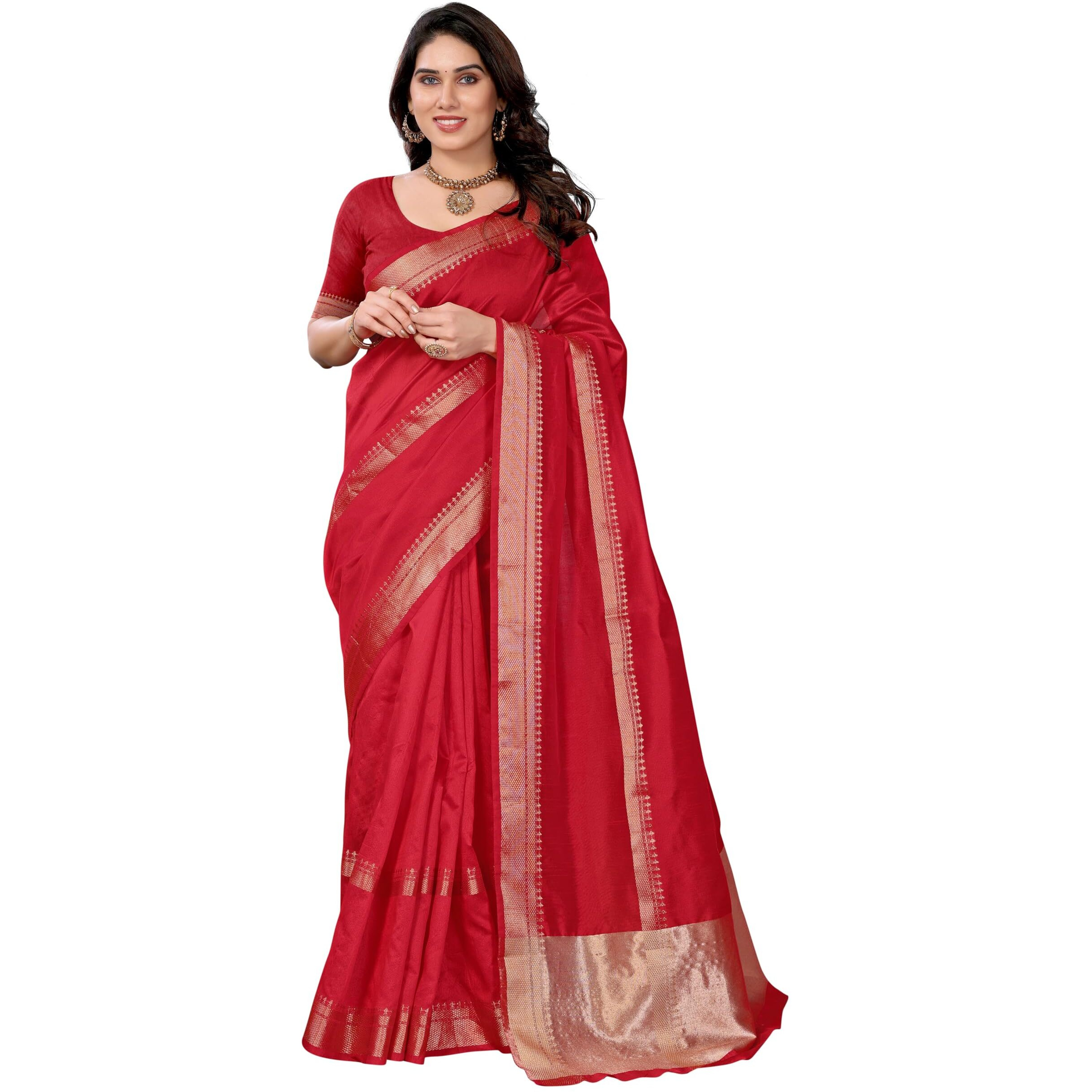 Stylescope Women's Assam Silk Jacquard Bordered Saree With Unstitched Blouse Piece (Barlin Red_Red_Free Size)
