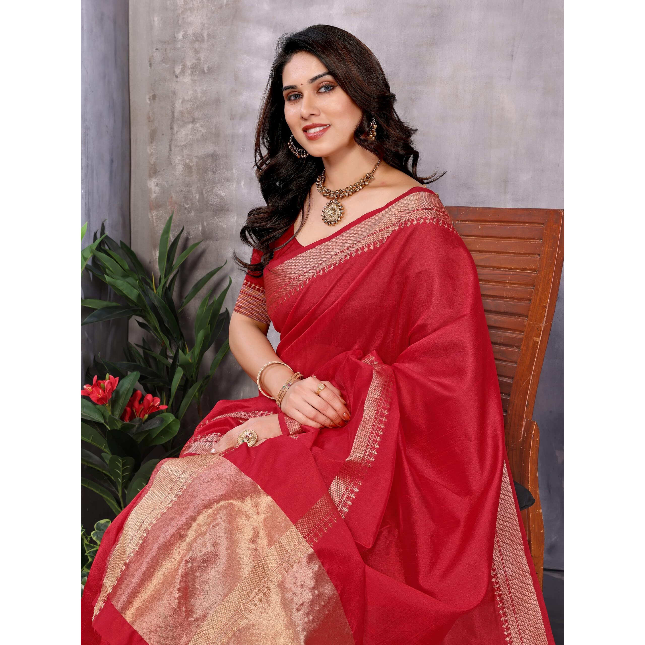 Stylescope Women's Assam Silk Jacquard Bordered Saree With Unstitched Blouse Piece (Barlin Red_Red_Free Size)