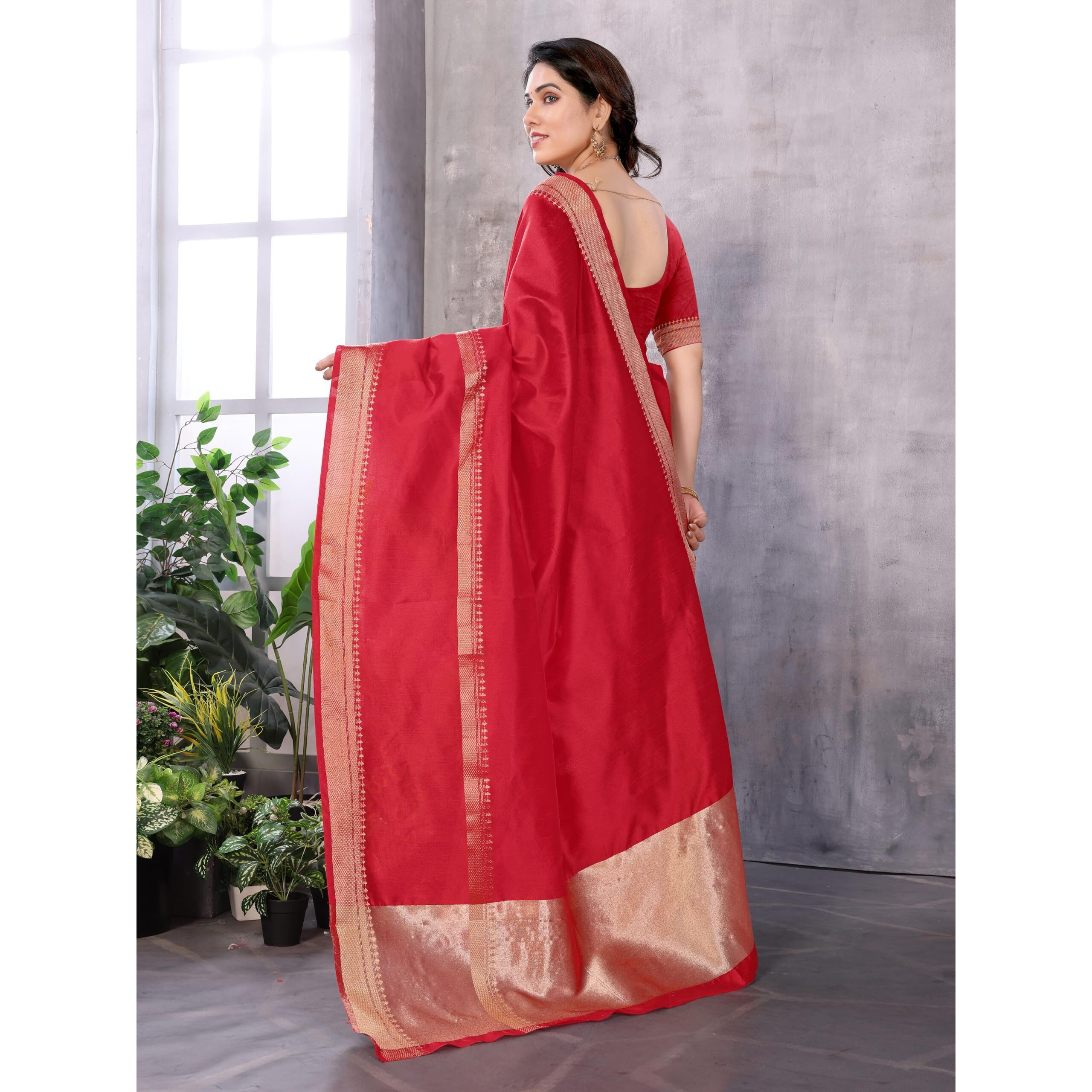 Stylescope Women's Assam Silk Jacquard Bordered Saree With Unstitched Blouse Piece (Barlin Red_Red_Free Size)