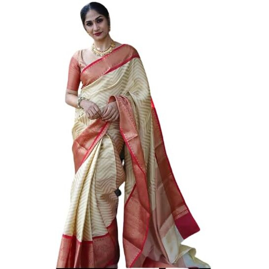 AldwychDesigner Silk Banarasi Kanjivaram Saree With Blouse (Cream)