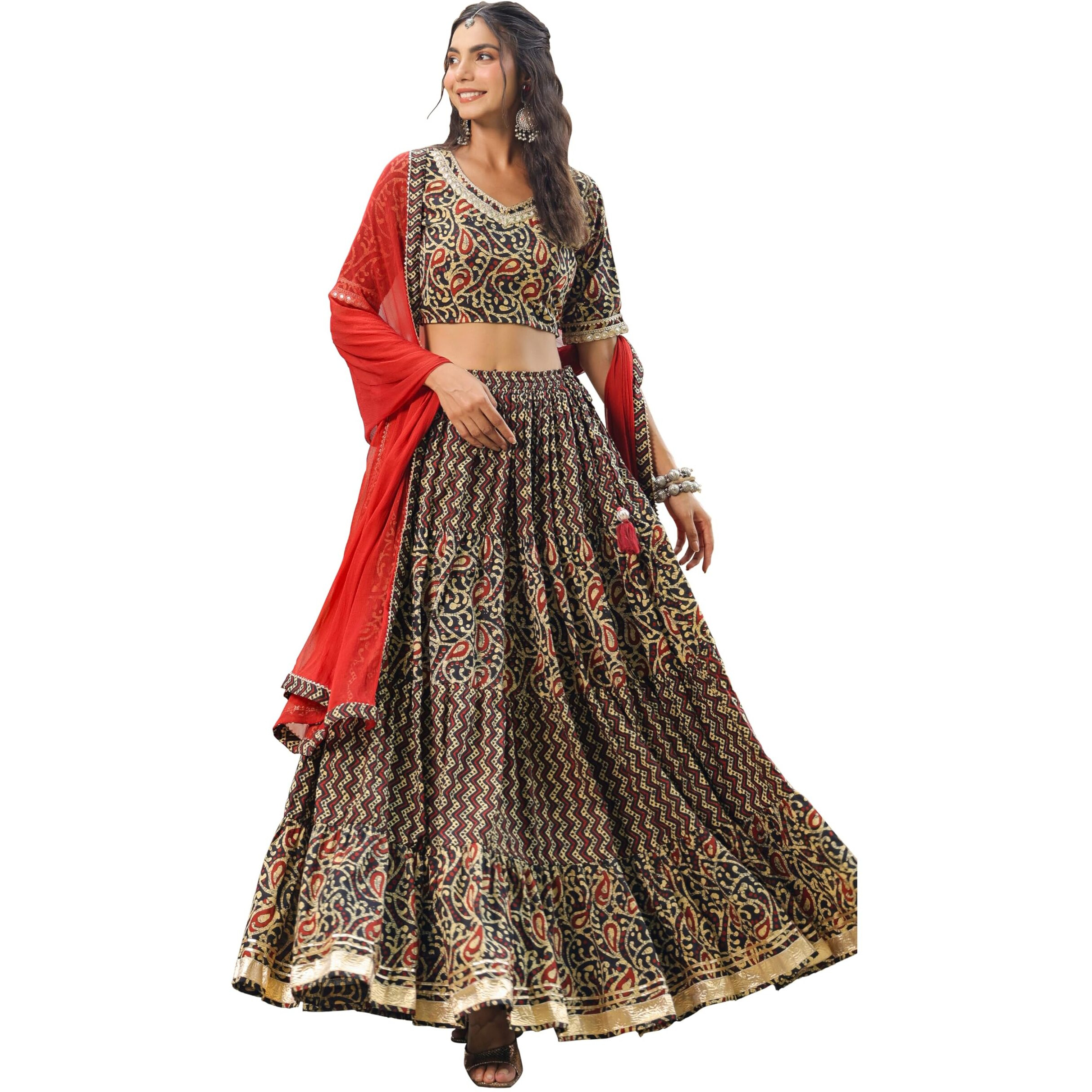 Janasya Women's Black Pure Cotton Batik Printed Tiered Ready To Wear Lehenga Choli Set (JAB24LC00535-XS)