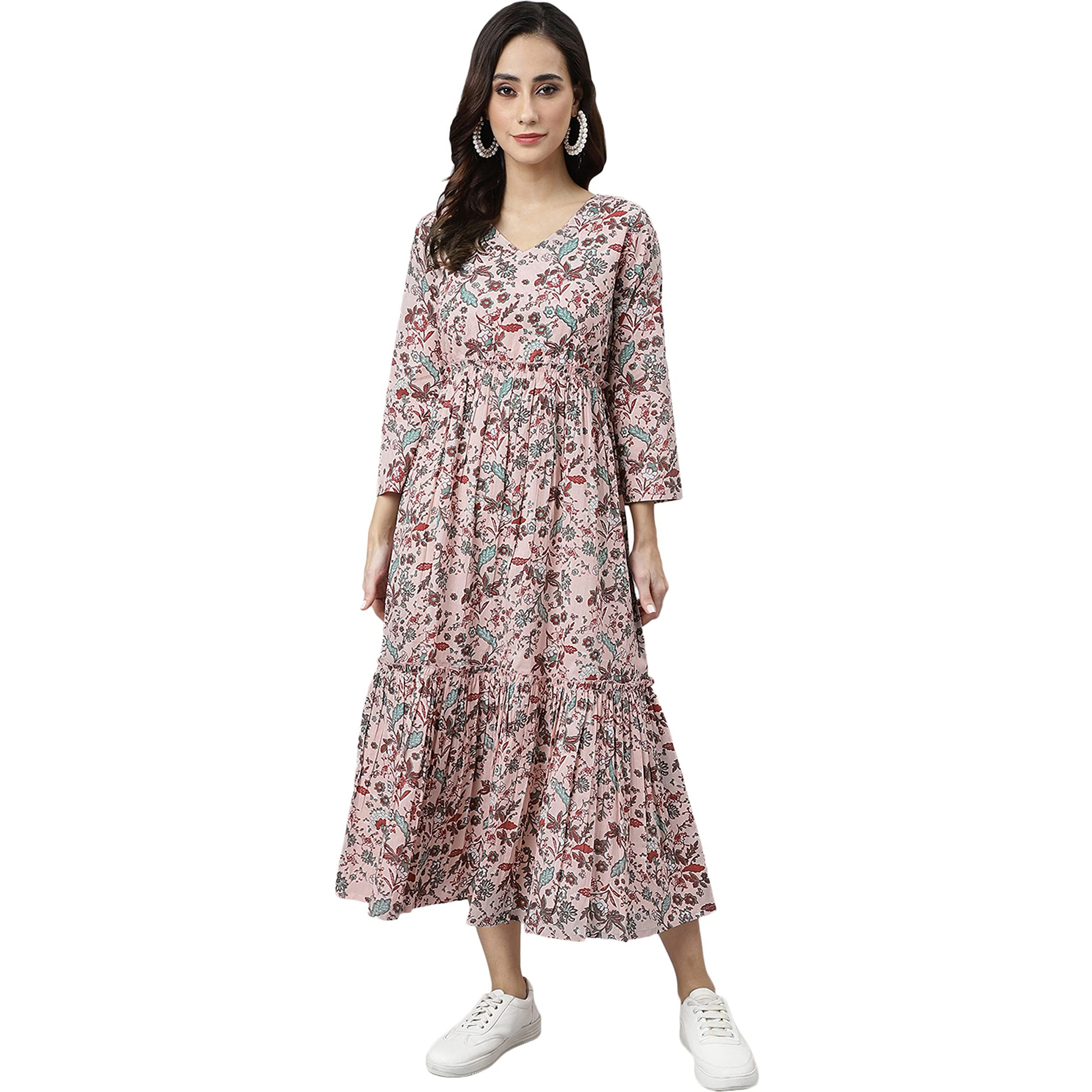 Janasya Women's Peach Cotton Floral Block Print Flared Kurta