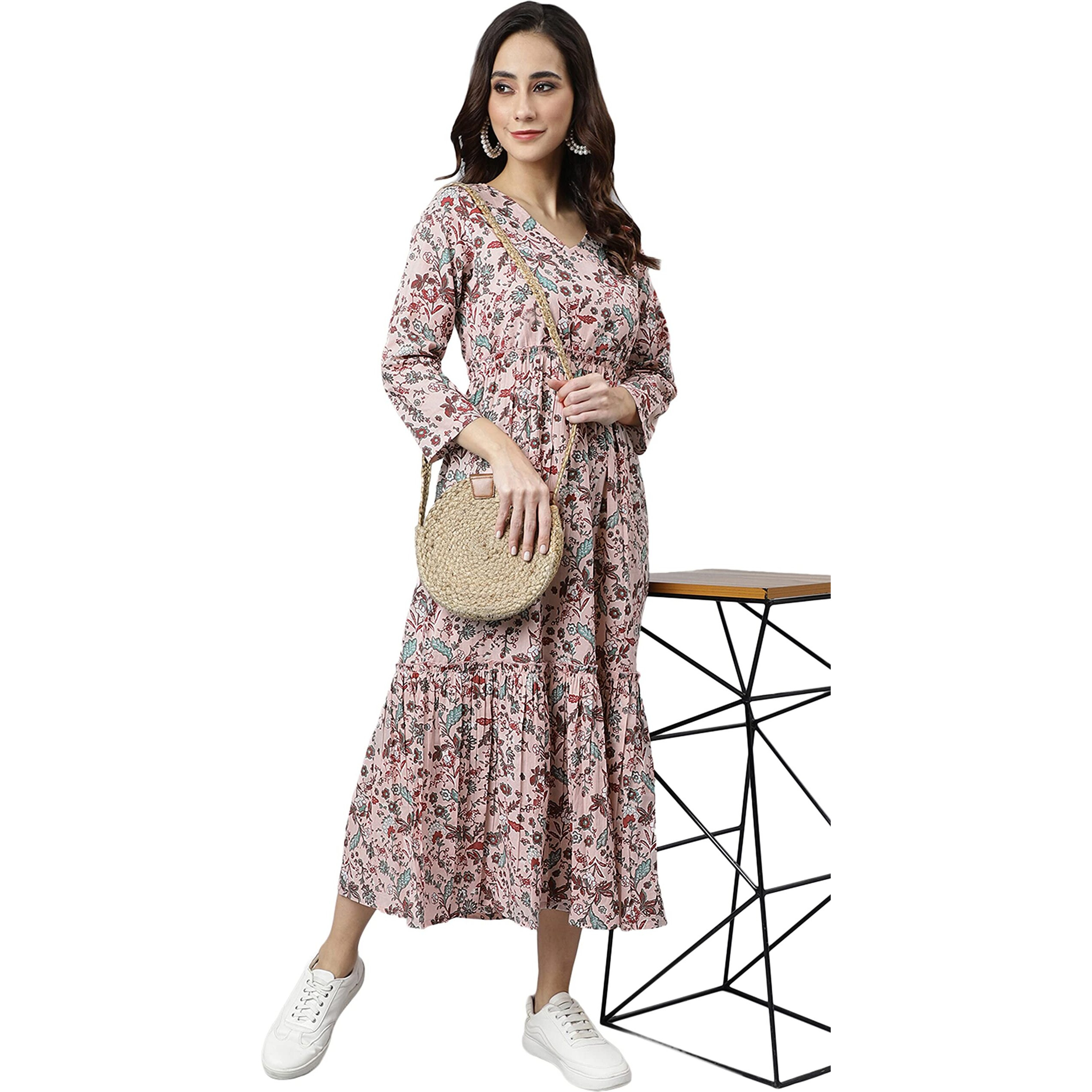 Janasya Women's Peach Cotton Floral Block Print Flared Kurta