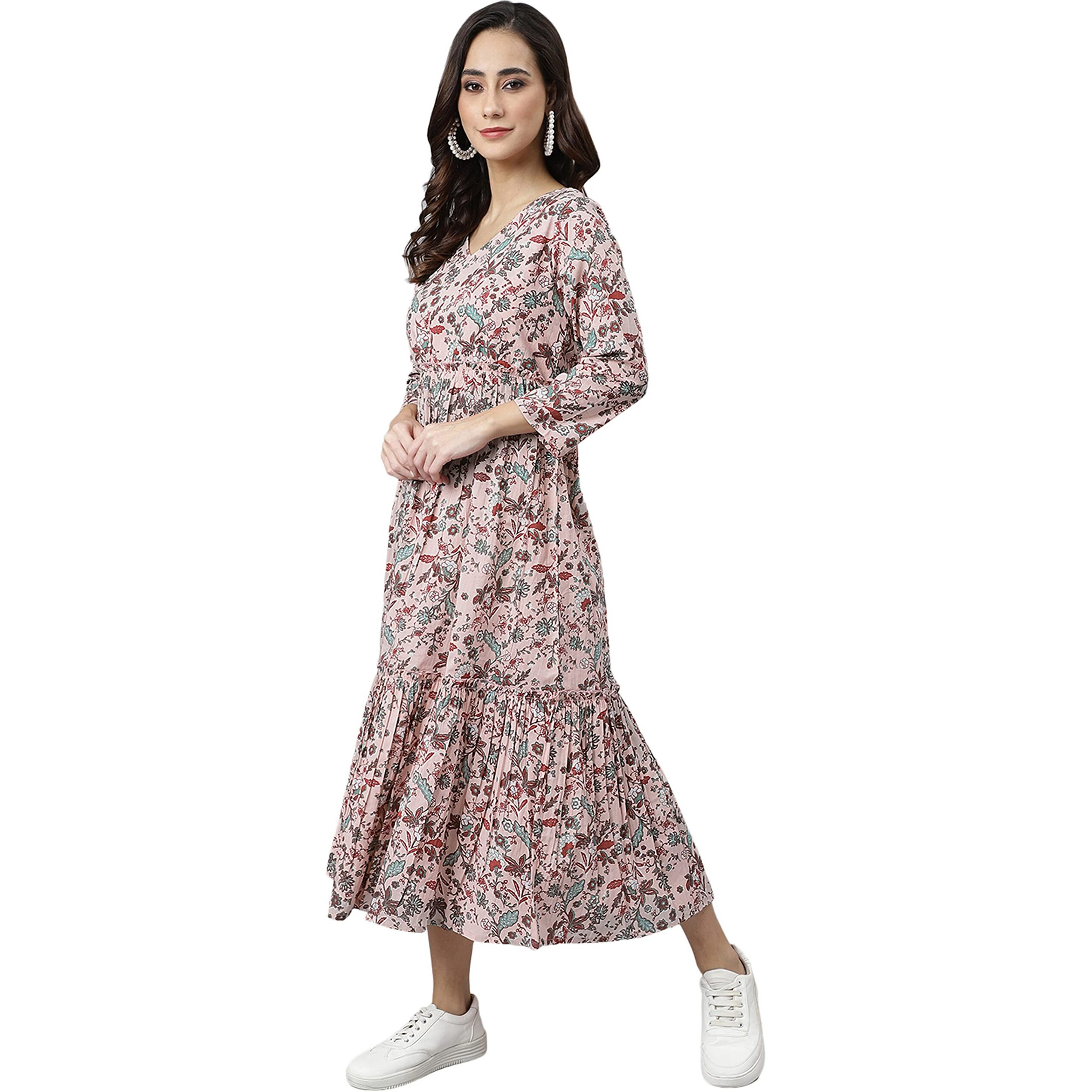 Janasya Women's Peach Cotton Floral Block Print Flared Kurta