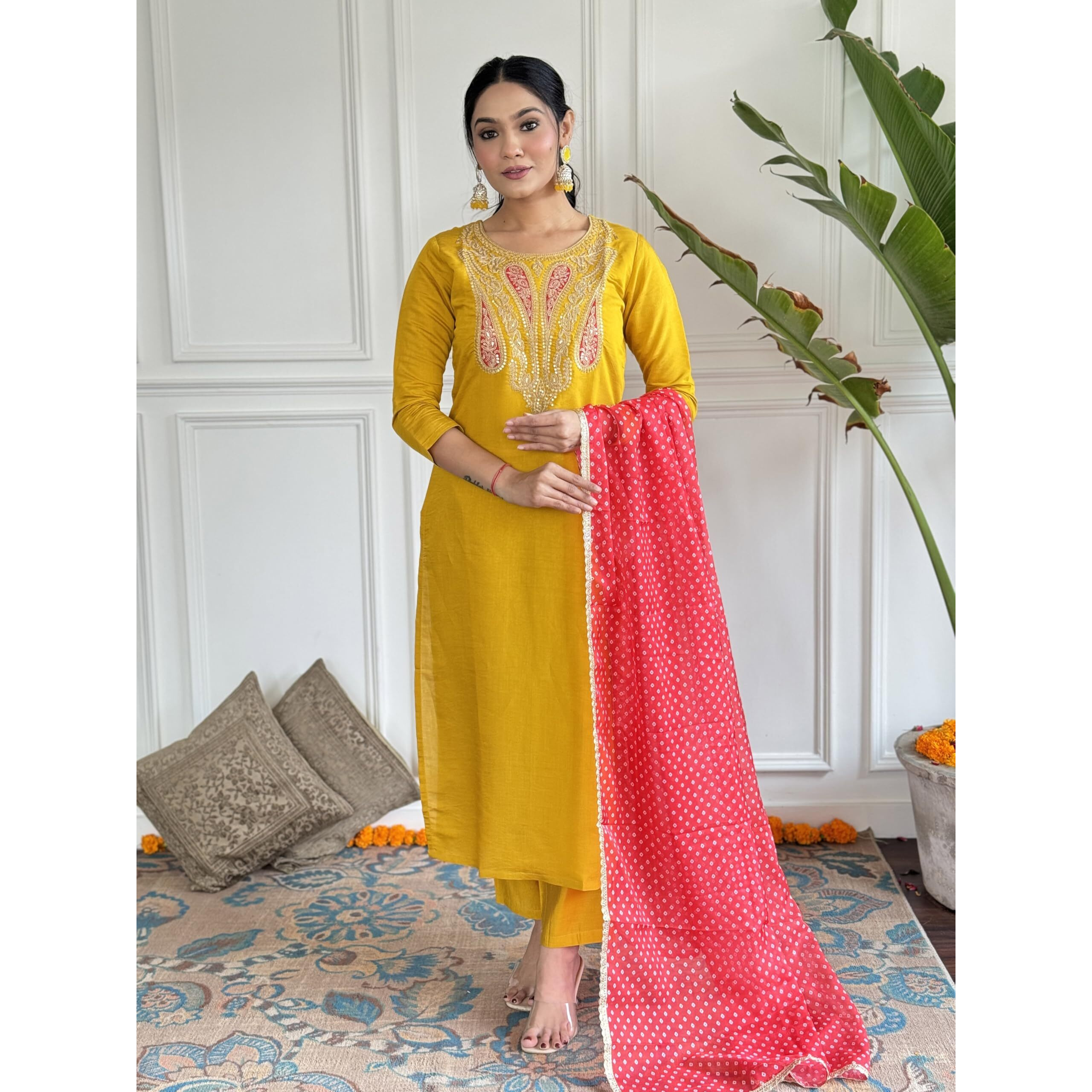 Naixa Women's Mustard Chanderi Embroidered Straight Kurta with Chanderi Pant and Georgette Printed Dupatta Sets (NX-597-Mustard-L)
