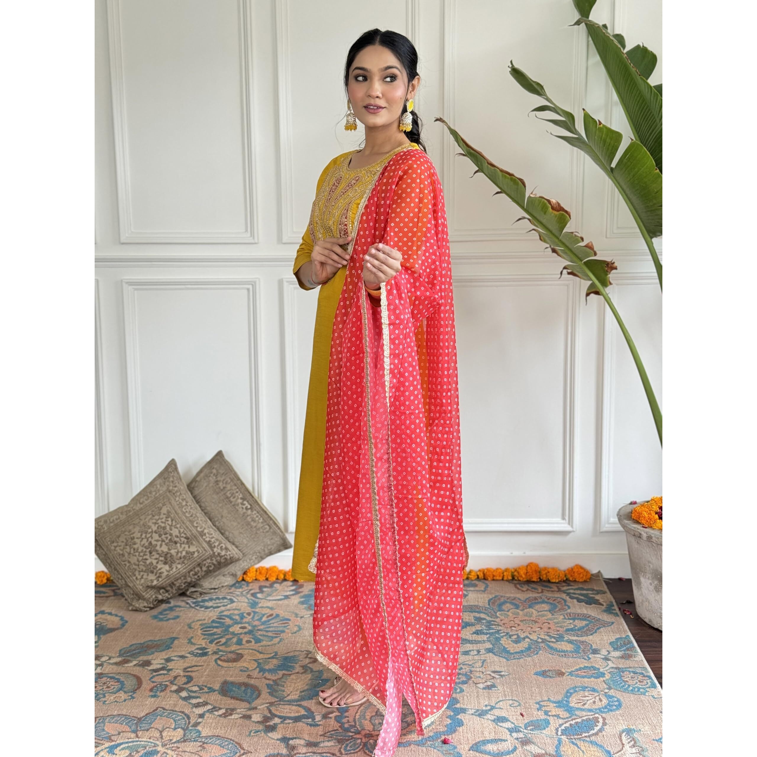 Naixa Women's Mustard Chanderi Embroidered Straight Kurta with Chanderi Pant and Georgette Printed Dupatta Sets (NX-597-Mustard-L)