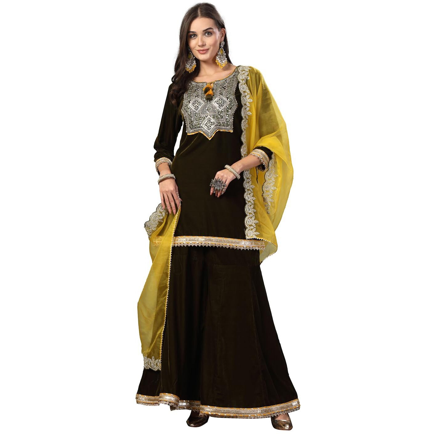 Stylum Women's Solid & Embroidered Velvet Straight Short Kurta Sharara Dupatta Set (KSDGREENRONAK36_Green, S)