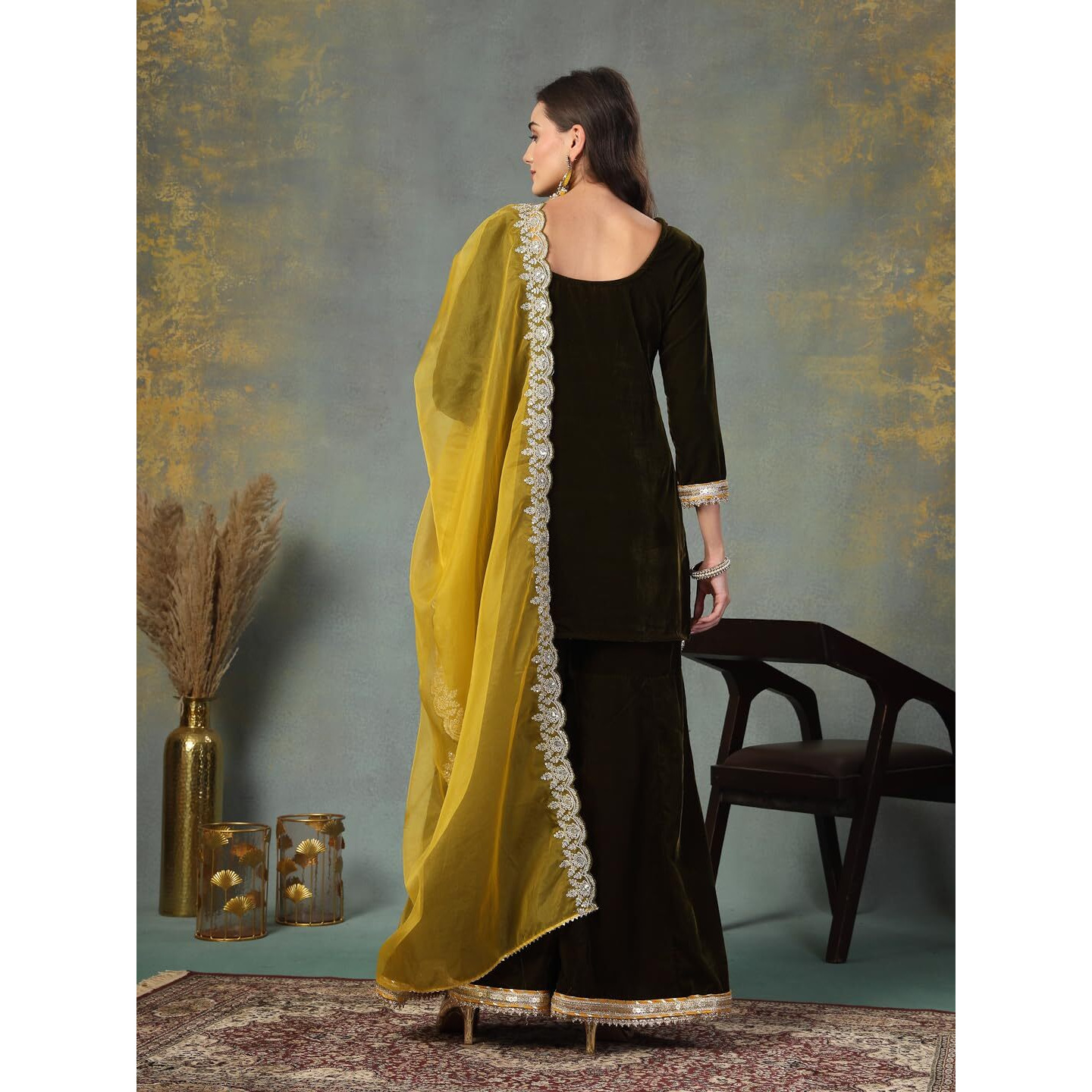 Stylum Women's Solid & Embroidered Velvet Straight Short Kurta Sharara Dupatta Set (KSDGREENRONAK36_Green, S)