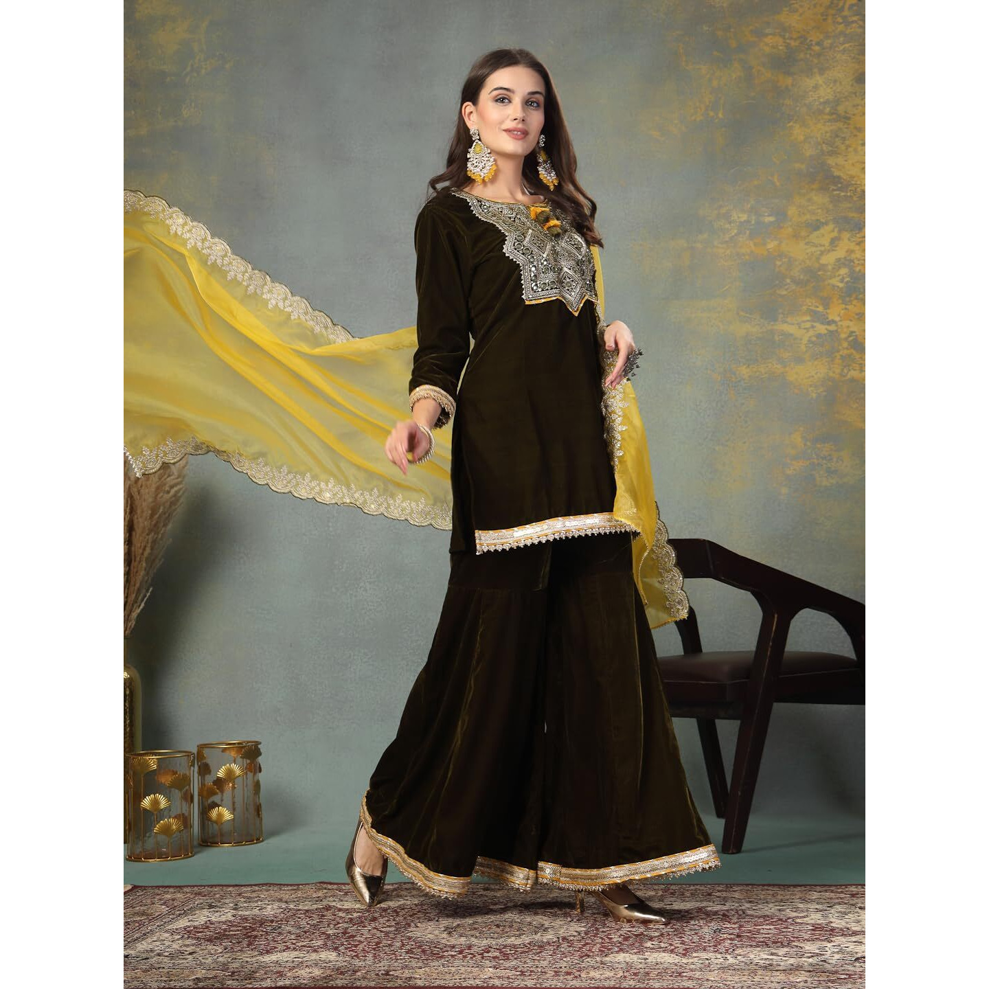 Stylum Women's Solid & Embroidered Velvet Straight Short Kurta Sharara Dupatta Set (KSDGREENRONAK36_Green, S)