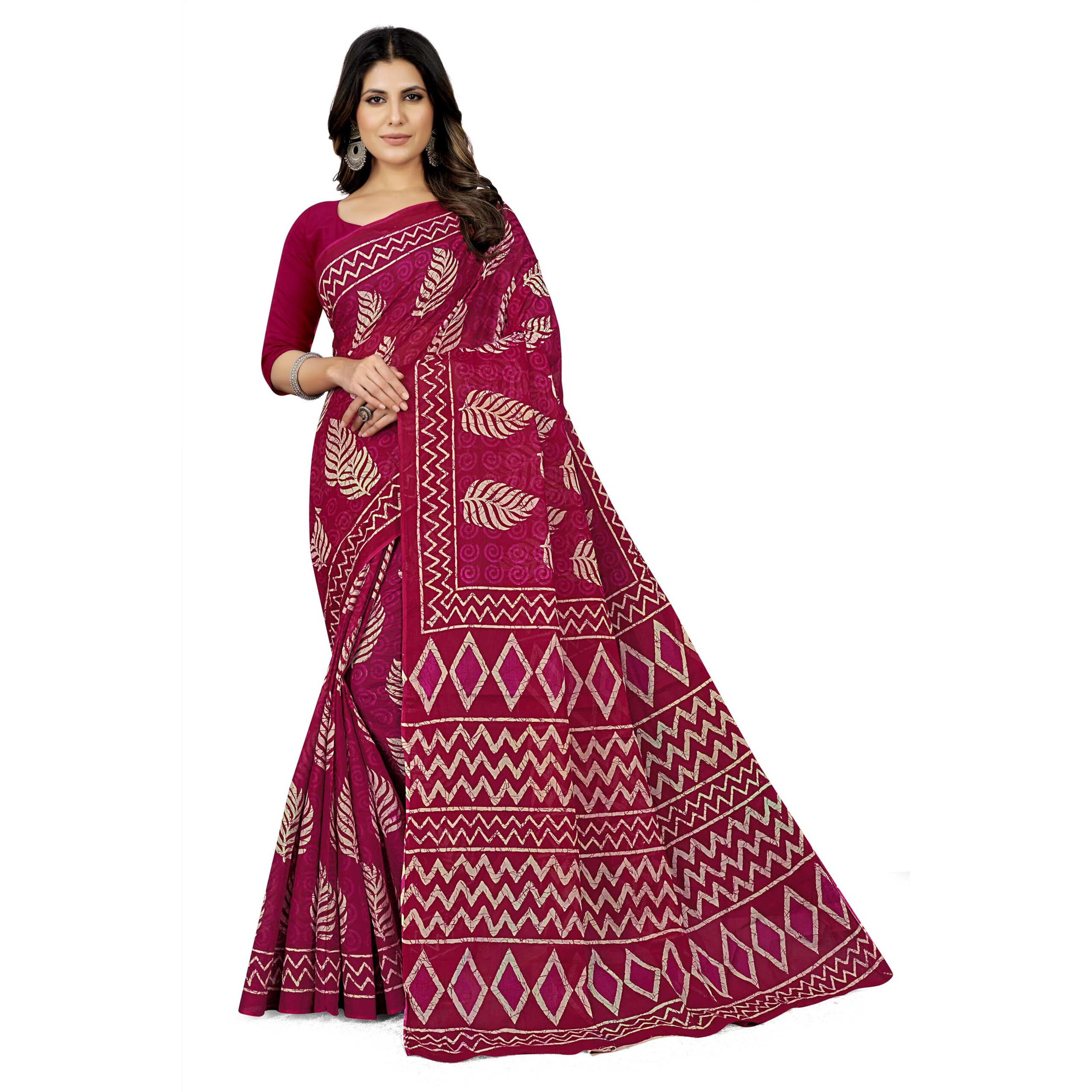 TAMAIRA FASHION Women's Batik Printed Pure Cotton Saree Without Blouse Piece(2458_DarkPink)