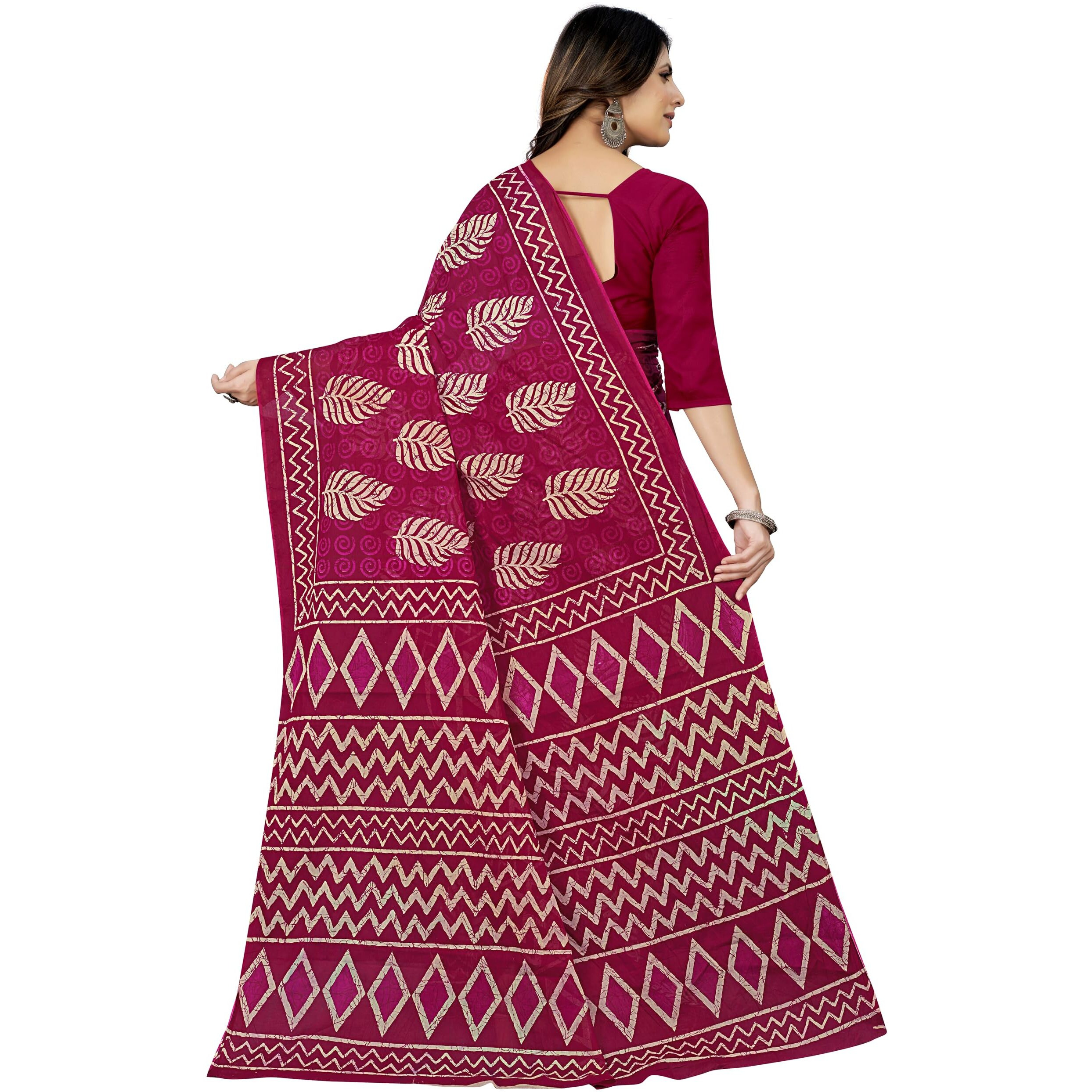 TAMAIRA FASHION Women's Batik Printed Pure Cotton Saree Without Blouse Piece(2458_DarkPink)