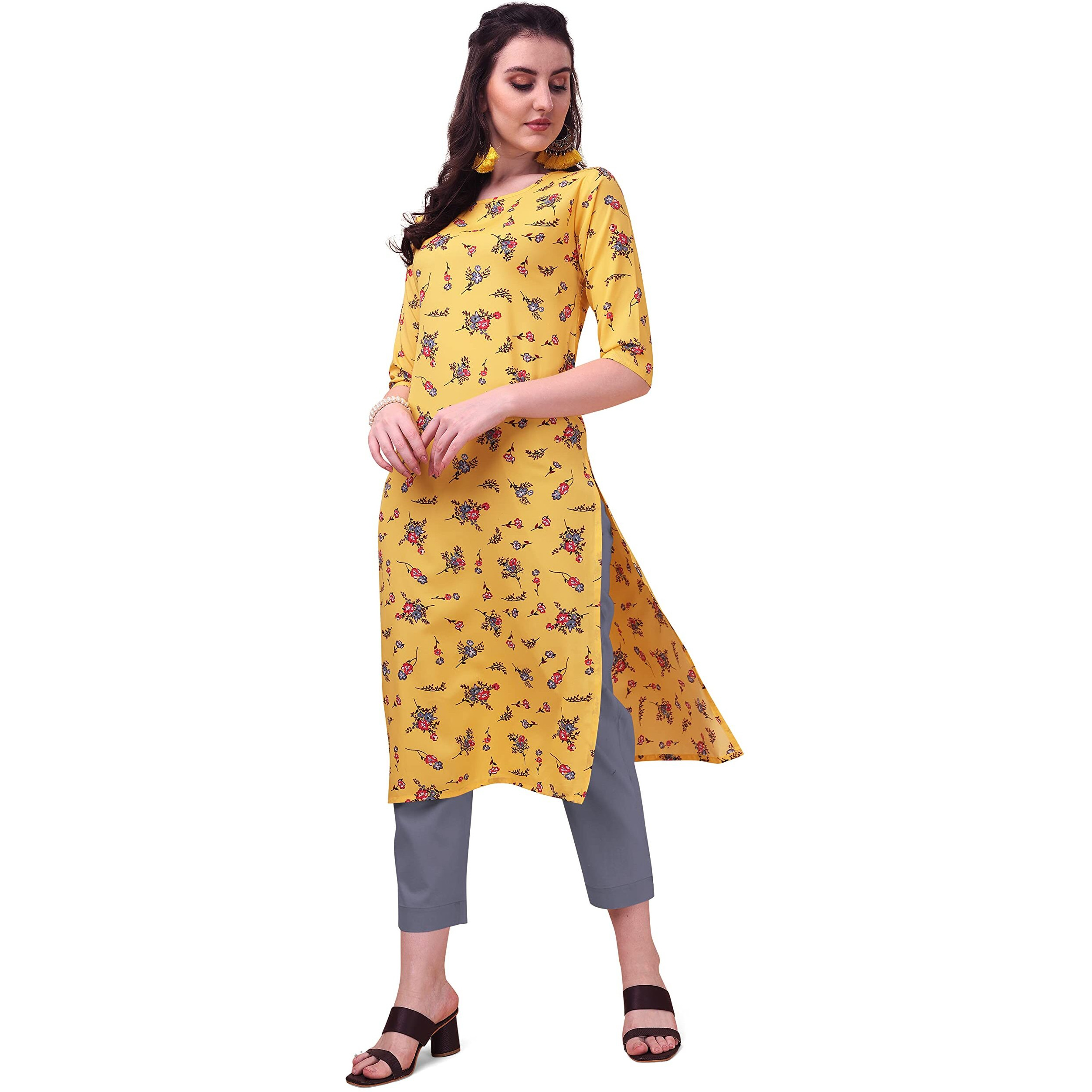 LookMark Women's Crepe Maroon & Yellow Color 3/4 Sleeve Straight Printed Kurta | Kurti Combo Pack of 2 (AZ-K1021-K1100-S)
