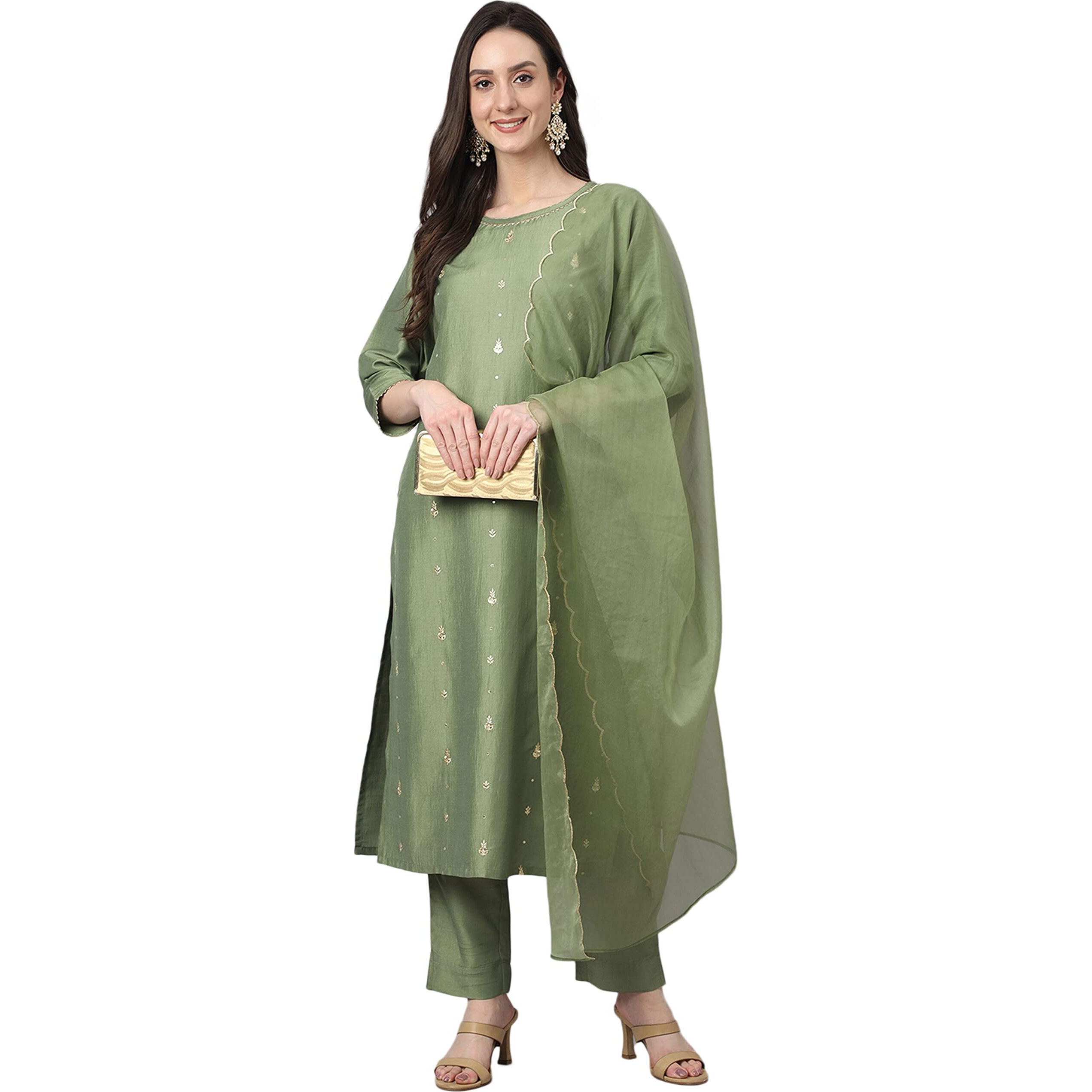 Janasya Women's Green Chinon Solid Kurta with Pant and Dupatta(SET567-KR-NP-ICHR-L)