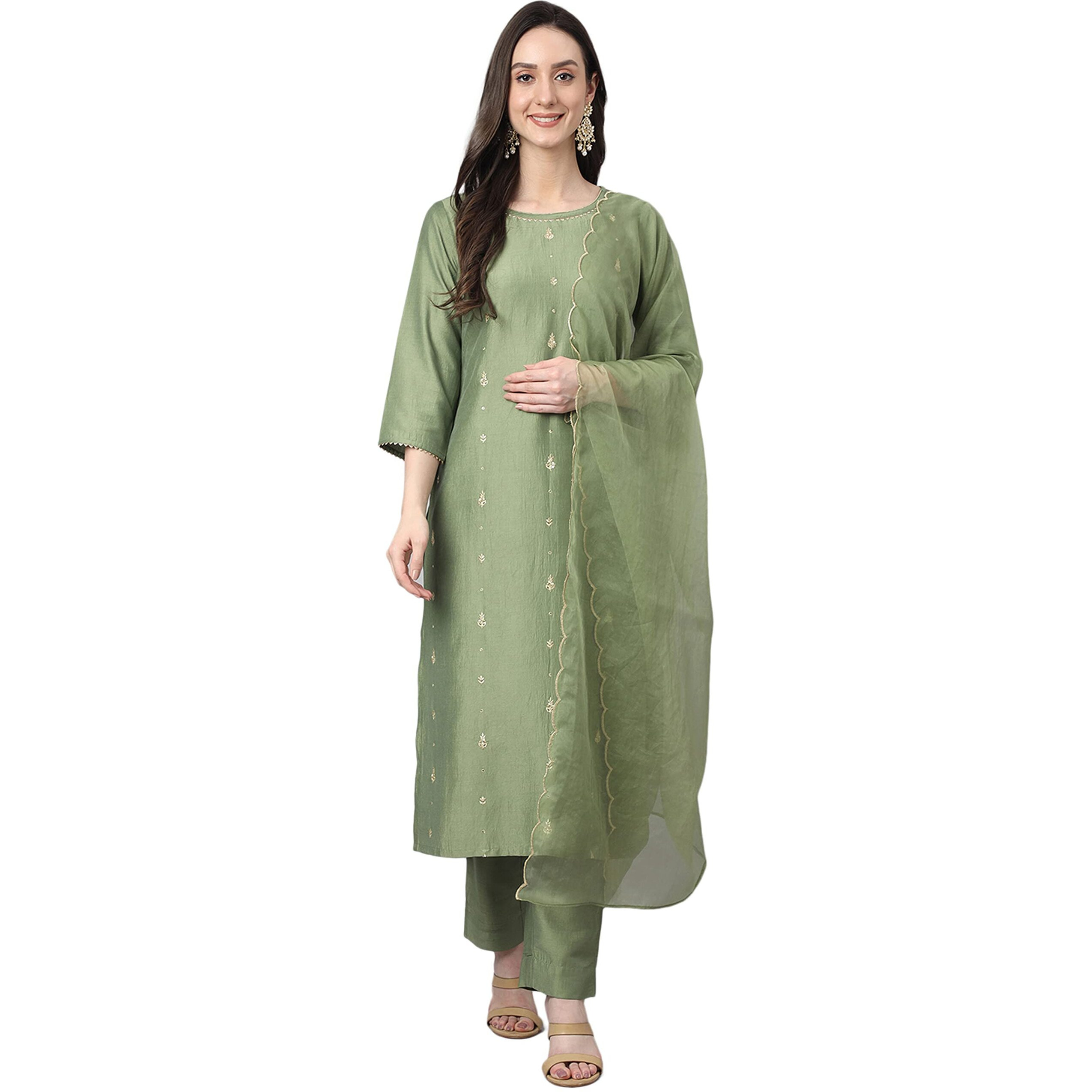 Janasya Women's Green Chinon Solid Kurta with Pant and Dupatta(SET567-KR-NP-ICHR-L)