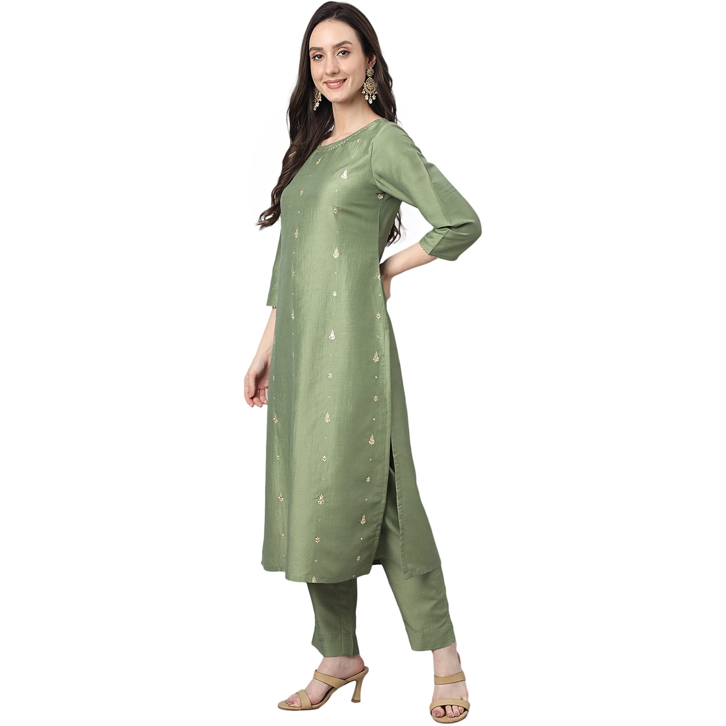 Janasya Women's Green Chinon Solid Kurta with Pant and Dupatta(SET567-KR-NP-ICHR-L)