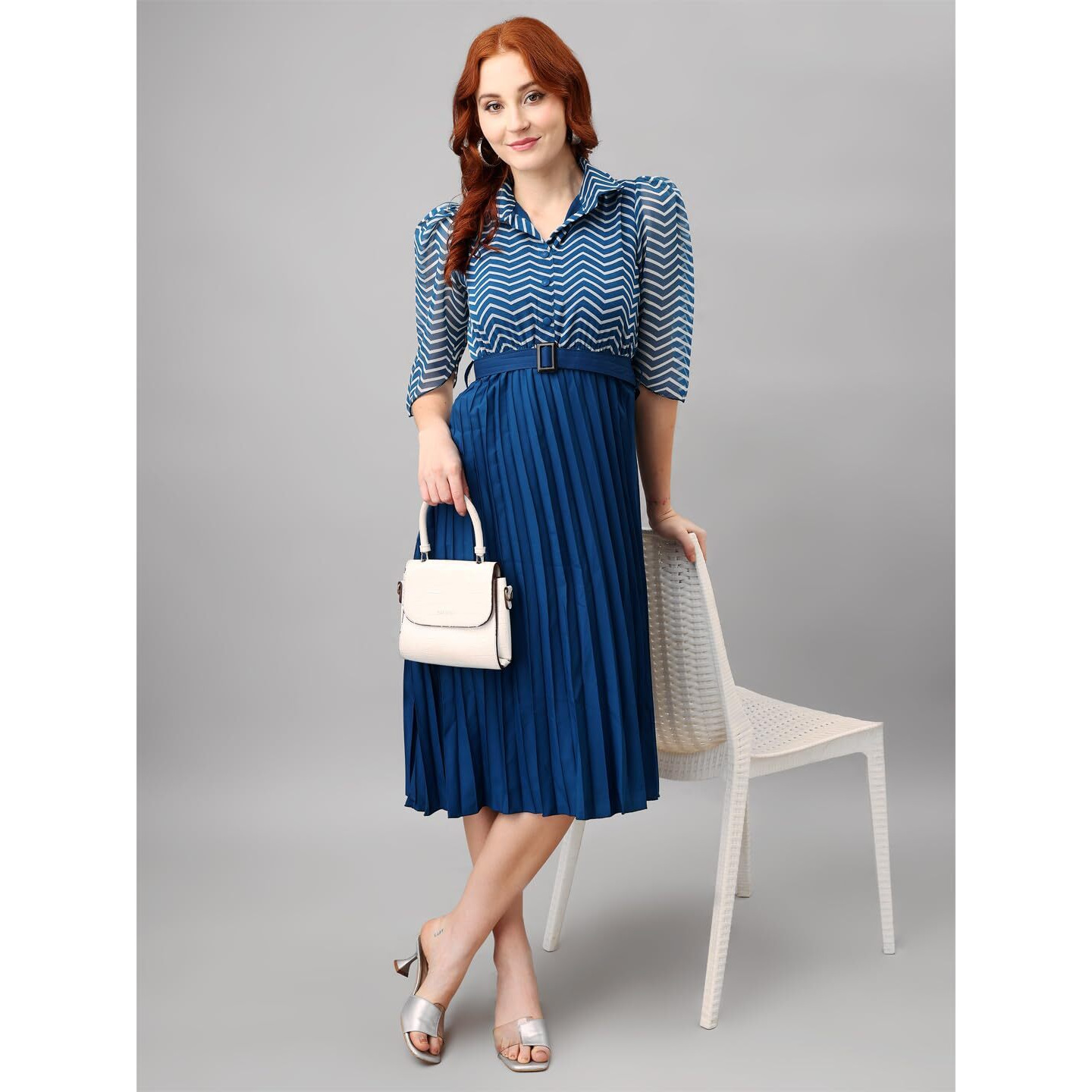 Femvy Designer Printed Georgette and Pleated Crepe Dresses for Women 2021 Blue