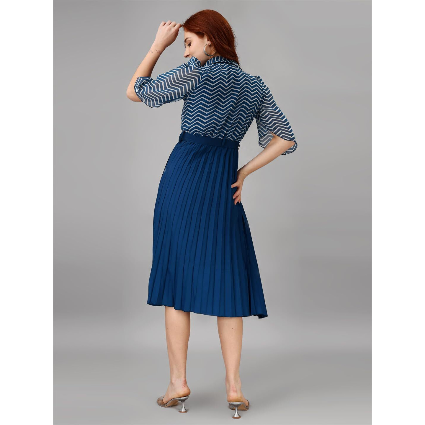 Femvy Designer Printed Georgette and Pleated Crepe Dresses for Women 2021 Blue