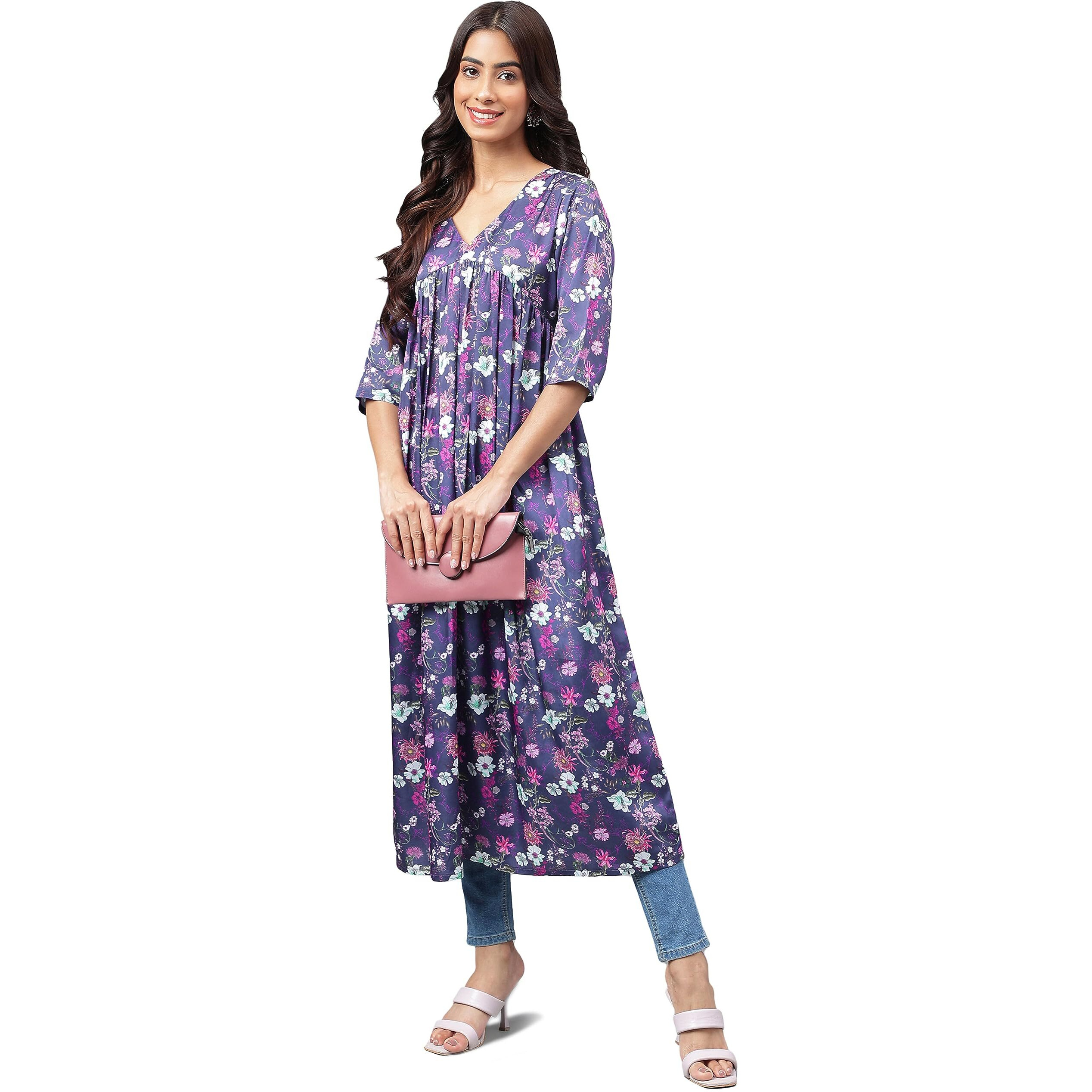 Janasya Women's Navy Blue Satin Digital Floral Printed Gathered Kurta(JNE4214-KR-XL)