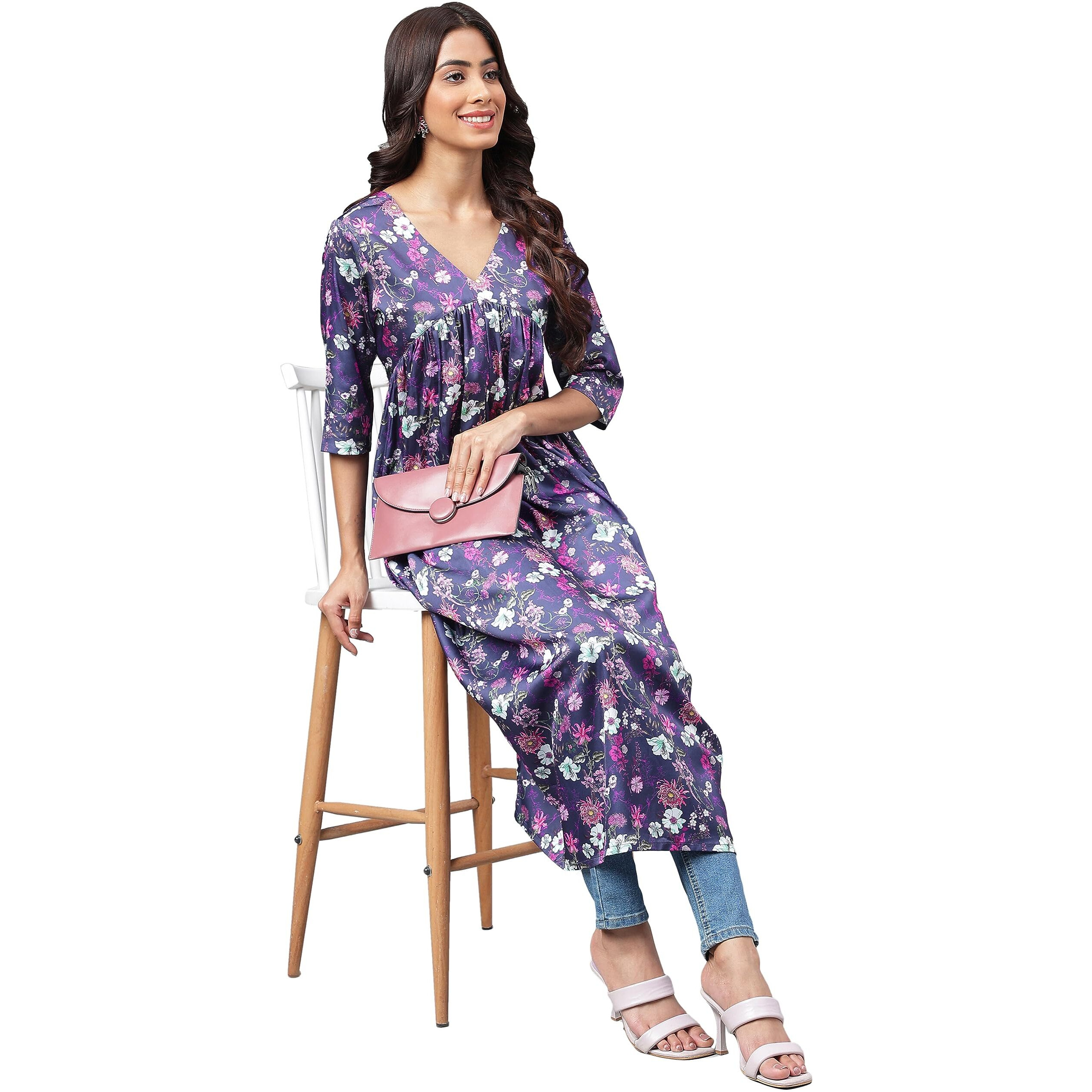 Janasya Women's Navy Blue Satin Digital Floral Printed Gathered Kurta(JNE4214-KR-XL)