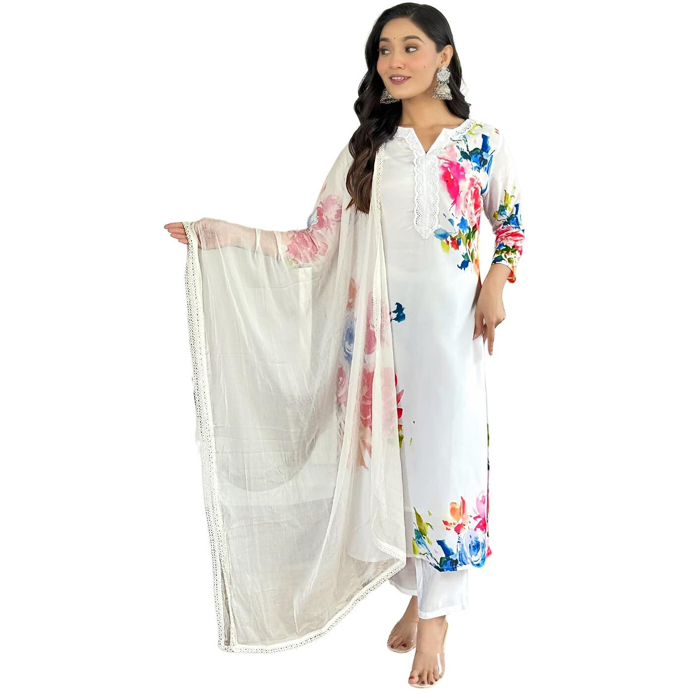 Women's White French Crep with Lining Embroidered and Printed Straight Kurta with Rayon Pant and Nazneen Dyed Dupatta Sets (NX-600-White-XXL)