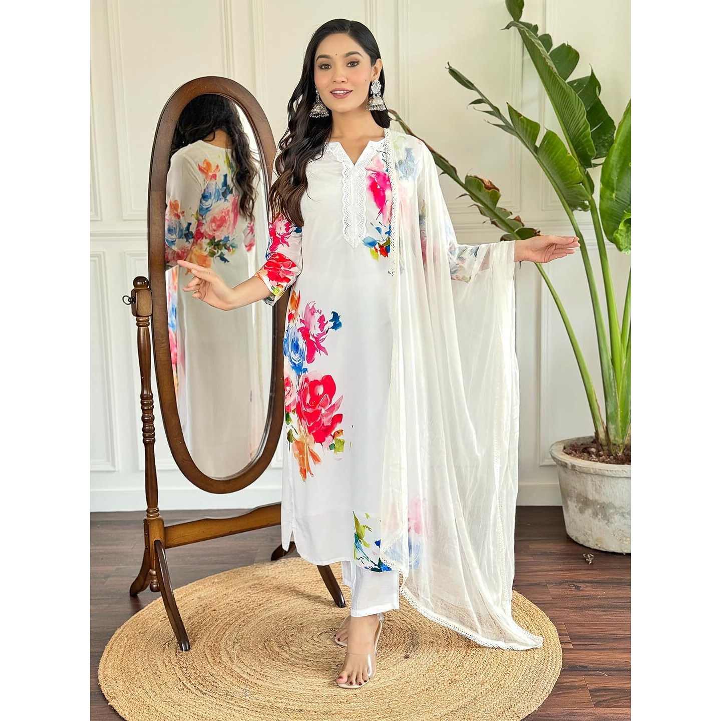 Women's White French Crep with Lining Embroidered and Printed Straight Kurta with Rayon Pant and Nazneen Dyed Dupatta Sets (NX-600-White-XXL)