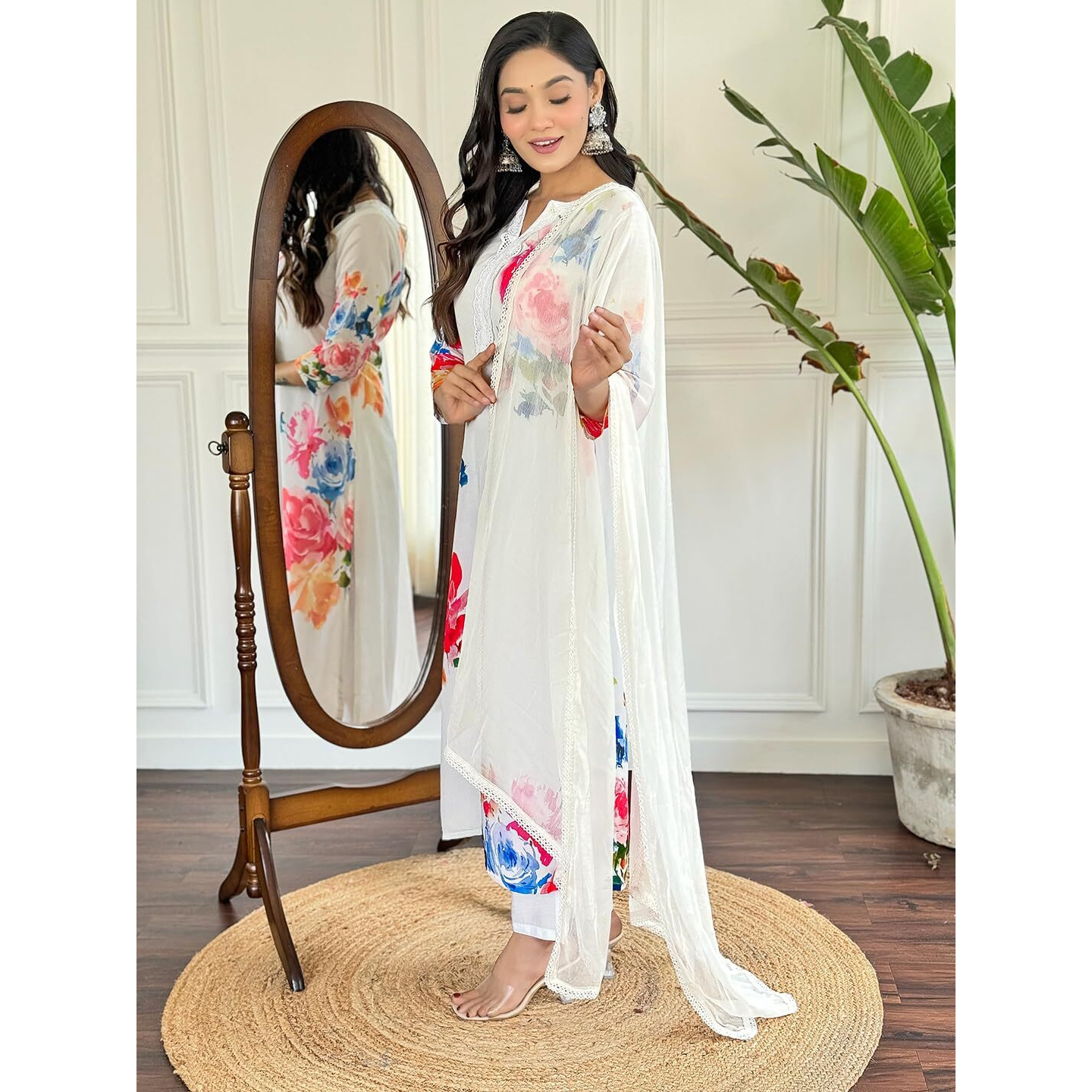 Women's White French Crep with Lining Embroidered and Printed Straight Kurta with Rayon Pant and Nazneen Dyed Dupatta Sets (NX-600-White-XXL)