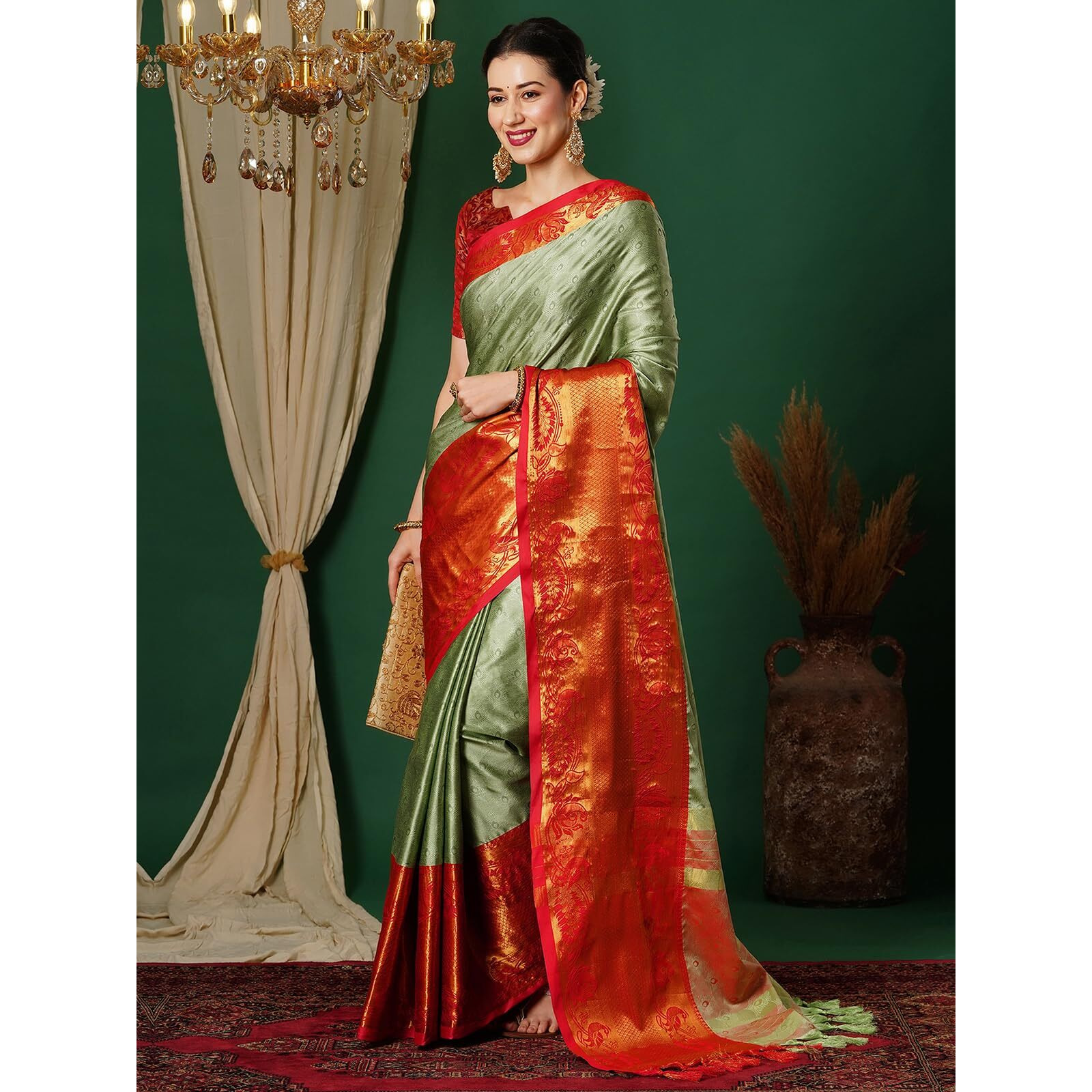 Satrani Women's Self Woven Banarasi Jacquard Kanjivaram Silk Blend Saree with Unstitched Blouse Piece (3746S2646N_Pista Green & Red)