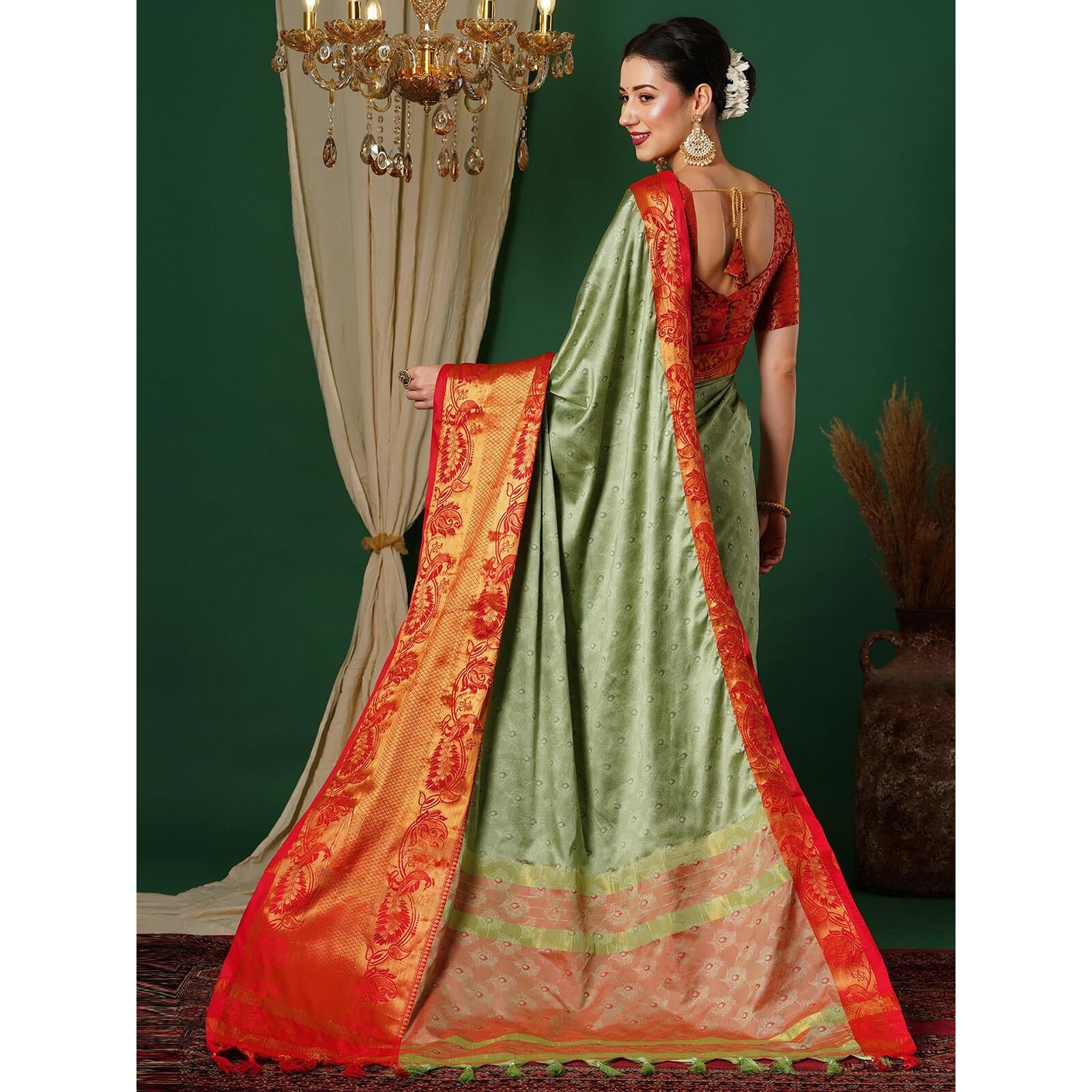 Satrani Women's Self Woven Banarasi Jacquard Kanjivaram Silk Blend Saree with Unstitched Blouse Piece (3746S2646N_Pista Green & Red)