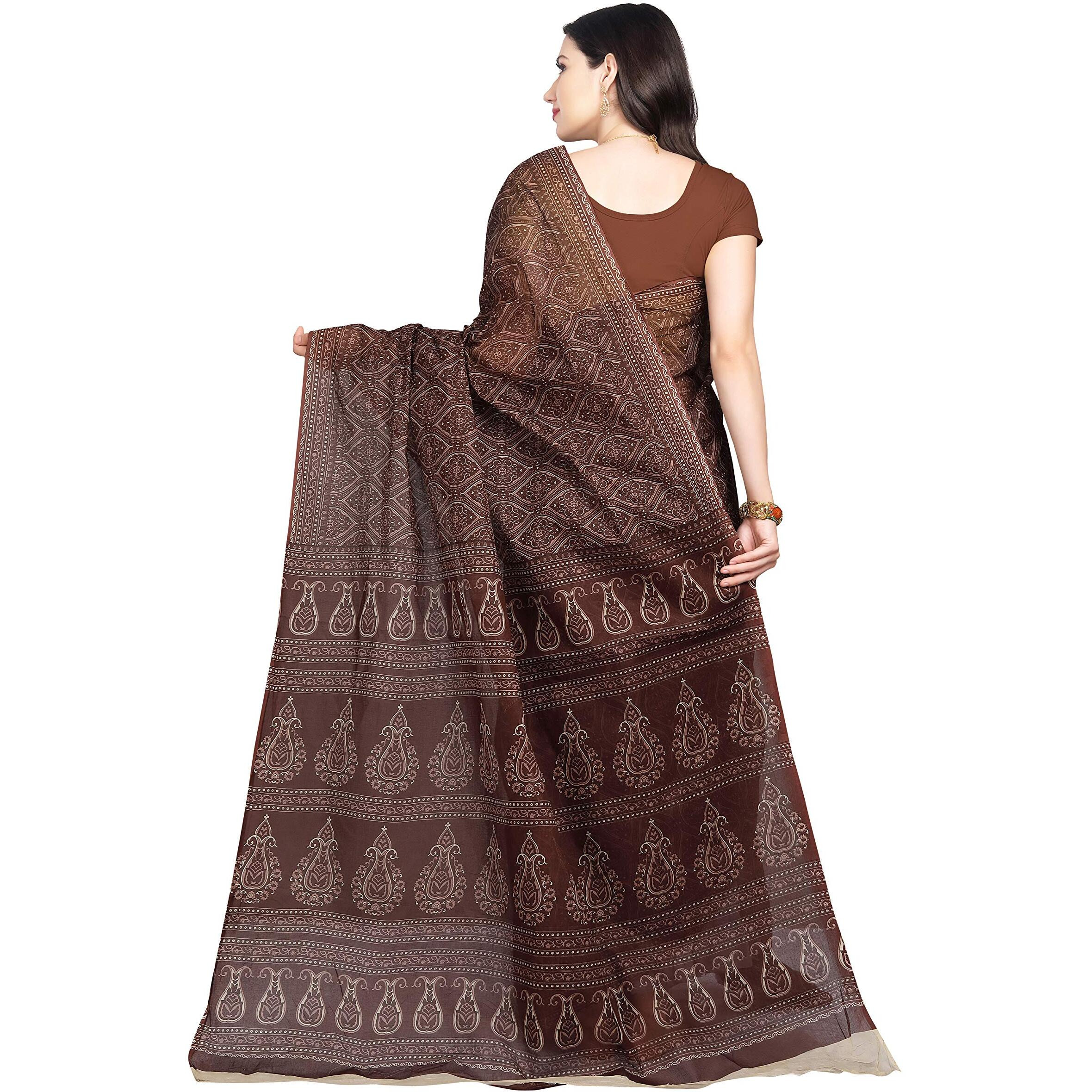 RANI SAAHIBA Women's Pure Cotton Printed Saree Without Blouse Piece (SKR6608_Coffee Brown)